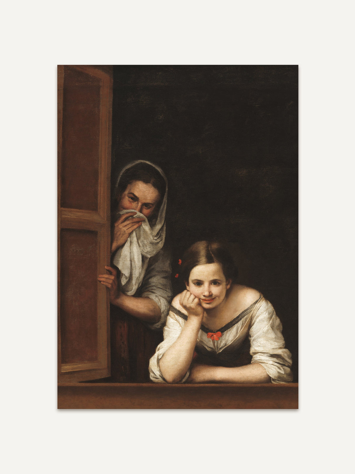 Der humorvolle Kunstdruck zeigt zwei Frauen am Fenster, eine davon mit keckem Blick. Klassisches Farbspiel in dunklen und warmen Tönen. #Rahmen_Ohne Rahmen