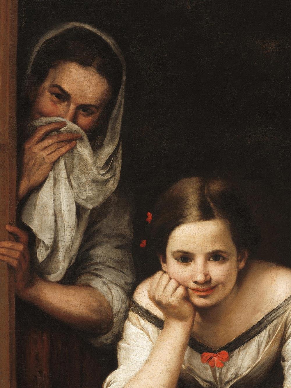 Detailaufnahme eines Posters das zwei Frauen zeigt, die sich aus einem Fenster lehnen, eine davon lächelt offen, die andere hält sich ein Tuch vors Gesicht. Der barocke Kunstdruck zeigt warme Brauntöne und feine Texturen.