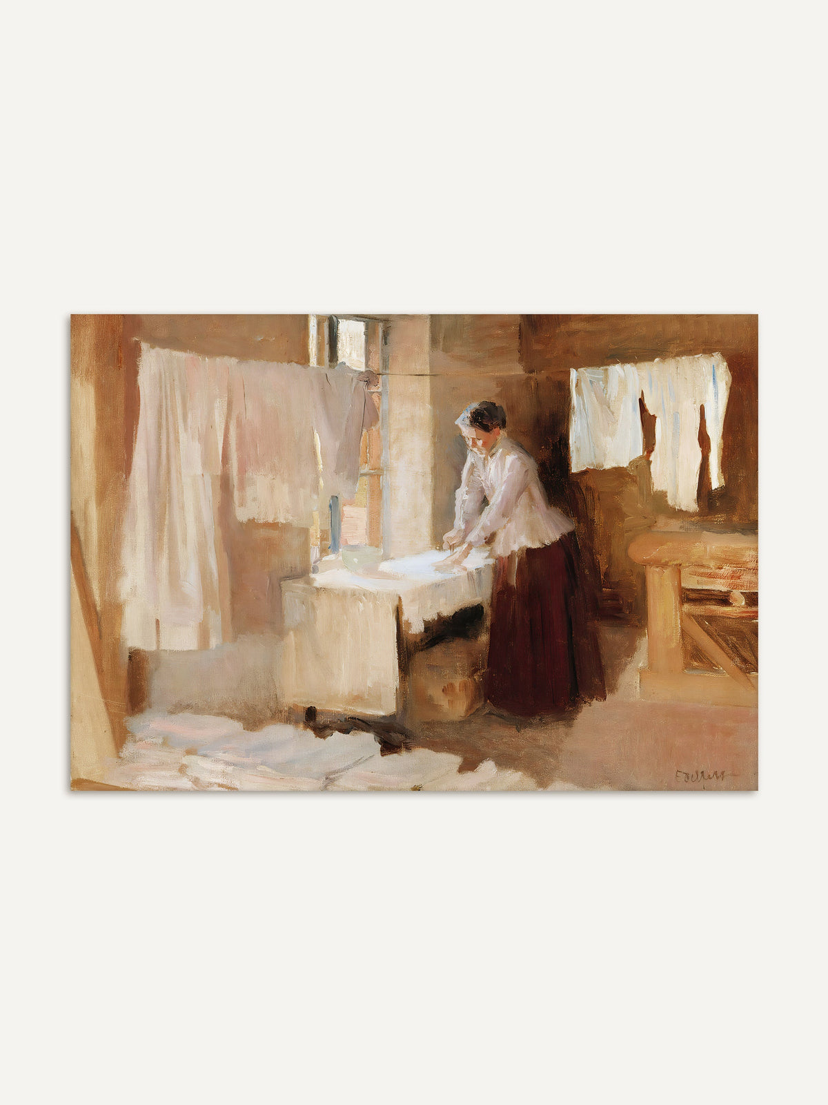 Impressionistisches Gemälde einer Frau, die in einem ländlichen Interieur Wäsche legt. Sanfte Lichtakzente und warme Beigetöne schaffen eine zeitlose, beruhigende Atmosphäre, ideal für klassische oder minimalistische Wohnräume. #Rahmen_Ohne Rahmen