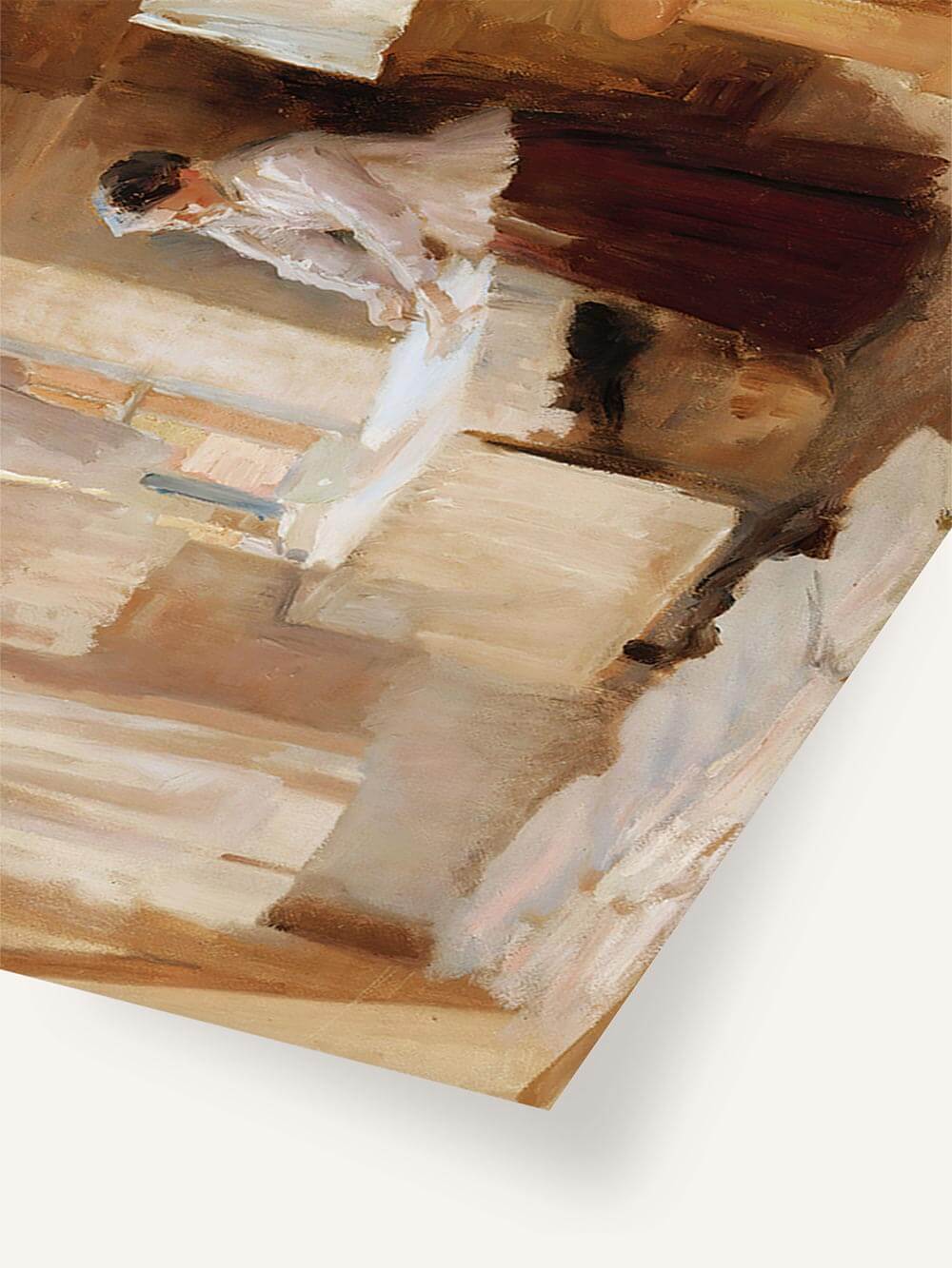 Nahaufnahme eines impressionistischen Kunstdrucks mit sanften, erdigen Tönen. Zeigt eine Frau in weißer Bluse beim Wäschelegen in einem Licht durchfluteten Raum. Die Pinselstriche sind locker und texturiert, was dem Werk eine klassische Eleganz verleiht.