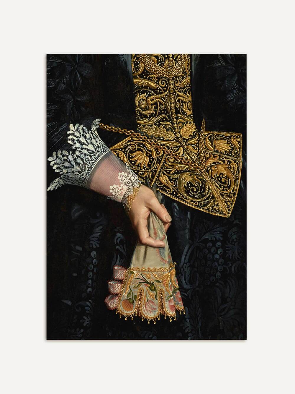 Historischer Kunstdruck zeigt elegante Hand mit besticktem Tuch und prachtvollem Goldornament – barocke Detailkunst auf dunklem Grund, inspiriert von Old Master Gemälden.