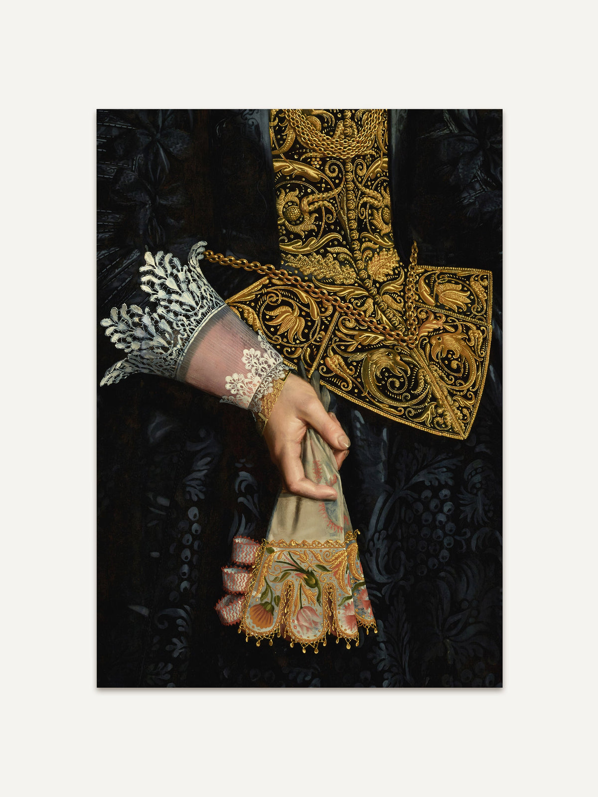 Historischer Kunstdruck zeigt elegante Hand mit besticktem Tuch und prachtvollem Goldornament – barocke Detailkunst auf dunklem Grund, inspiriert von Old Master Gemälden. #Rahmen_Ohne Rahmen