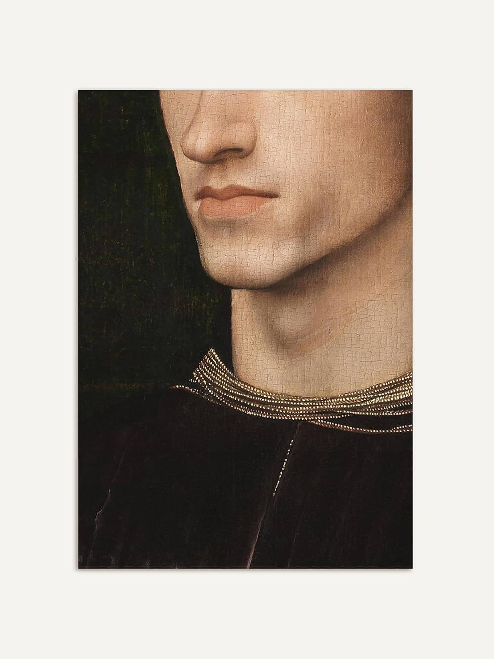 Ausschnitt eines männlichen Porträts im Renaissance-Stil mit dunklem Hintergrund und fein gearbeiteter Kleidung. Zeitloser Kunstdruck mit edler, minimalistischer Wirkung, ideal für Moody oder Dark Academia Interiors.