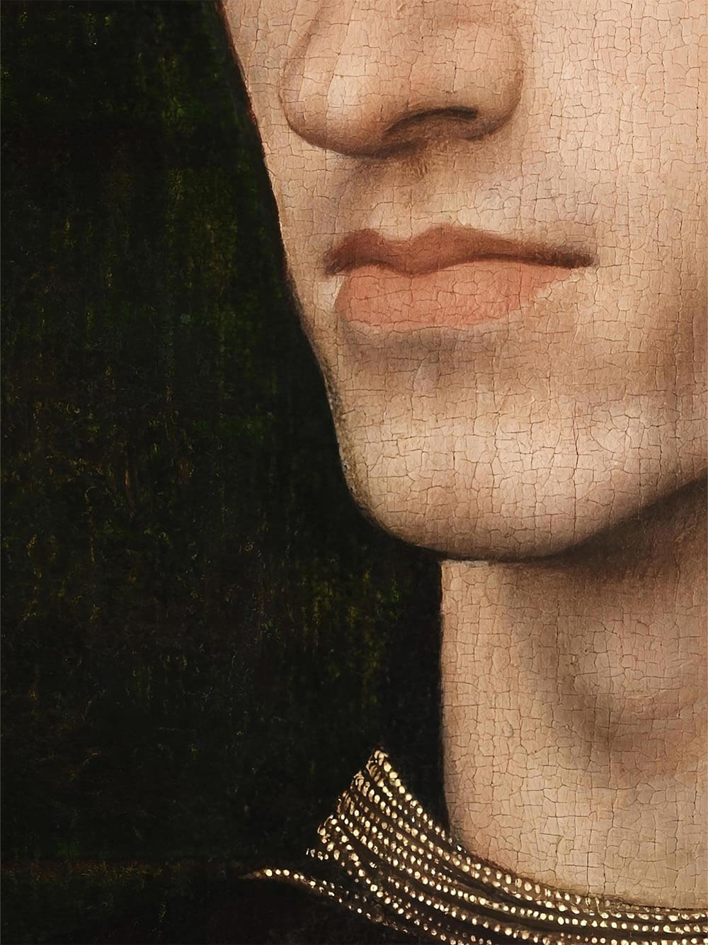 Nahaufnahme zeigt die zarte Maltechnik des Renaissance-Porträts mit feinen Rissen und sanften Hauttönen. Hochwertiger Kunstdruck mit sichtbarer Leinwandstruktur für authentische, historische Tiefe.