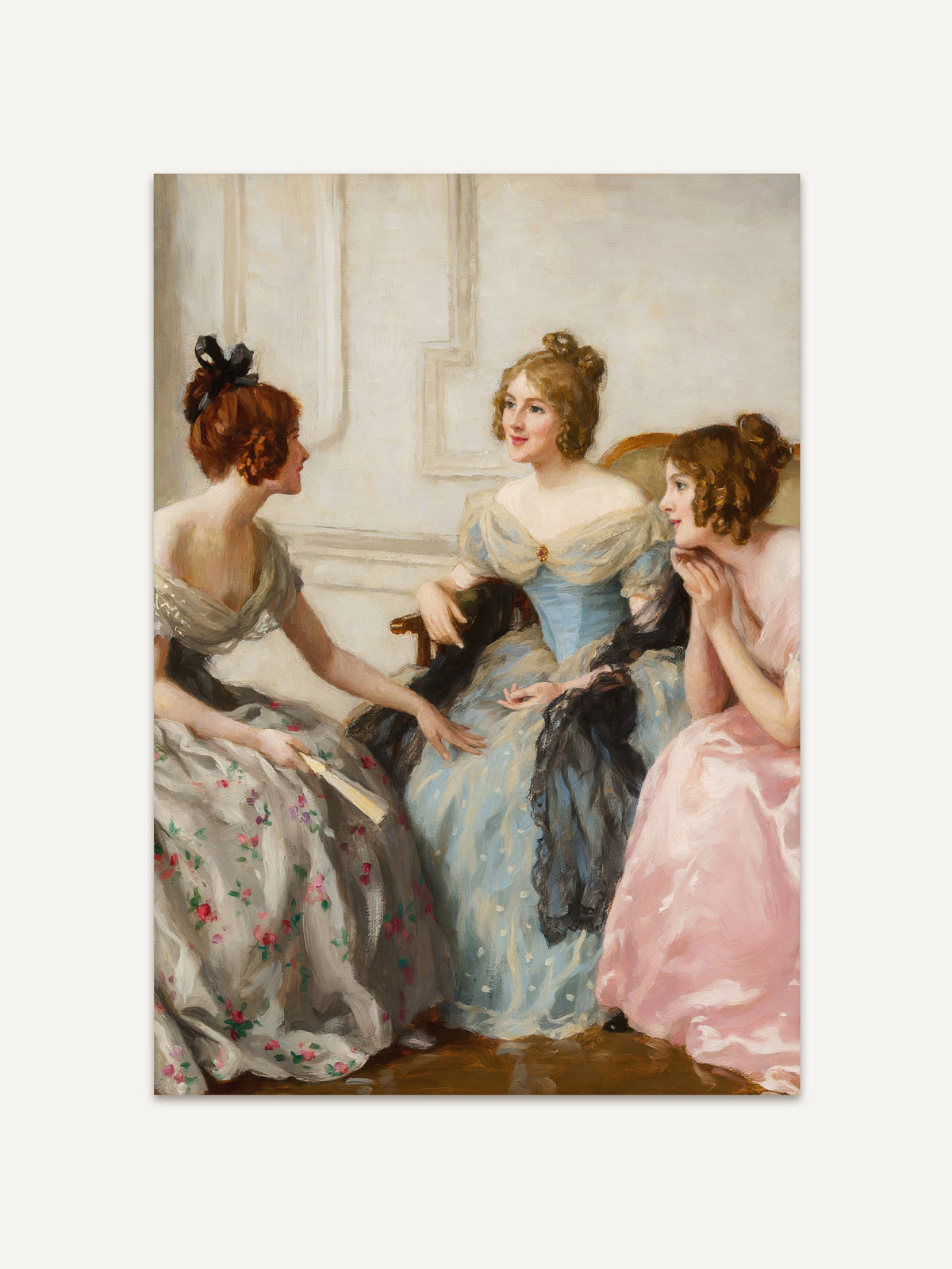 Historisches Damenporträt zeigt drei Frauen in eleganten Kleidern in zartem Rosa, Blau und Grau. Malstil mit sanftem Licht und weichen Farbübergängen. #Rahmen_Ohne Rahmen