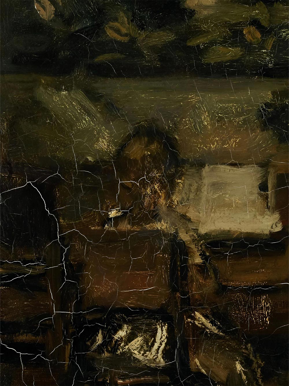 Nahaufnahme des Kunstdrucks zeigt feine Risse, dunkle Lasuren und strukturierte Pinselstriche. Antike Textur und Tiefe verleihen dem Kunstwerk eine gealterte, authentische Wirkung für charaktervolle Raumgestaltung.