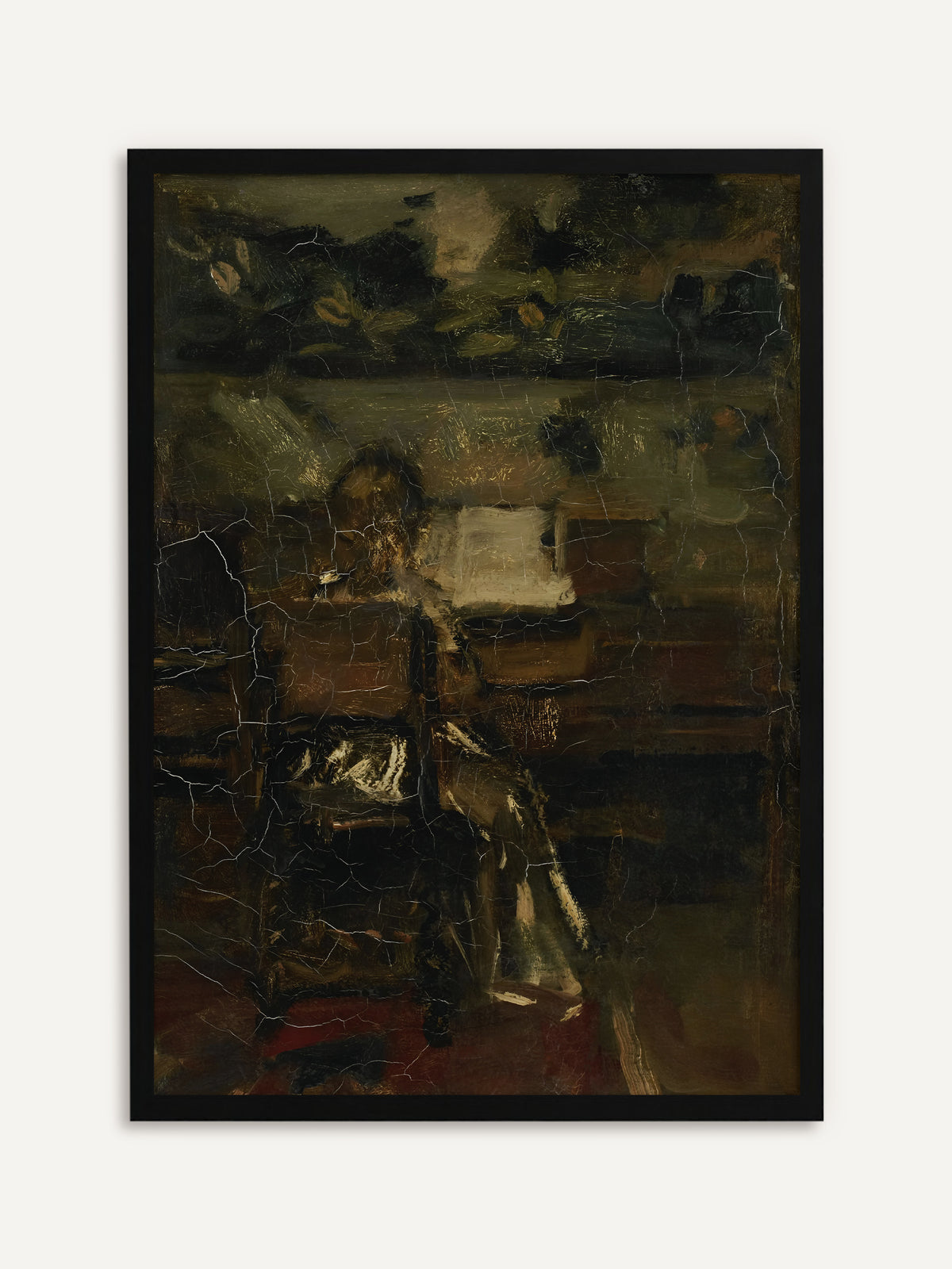 Gerahmtes Poster, das eine sitzende Gestalt am Klavier mit aufgeschlagenen Noten in dunklen Oliv- und Brauntönen mit feinem Craquelé zeigt. Der schwarze Rahmen betont die Dark Academia Stimmung des Motivs. #Rahmen_Schwarz
