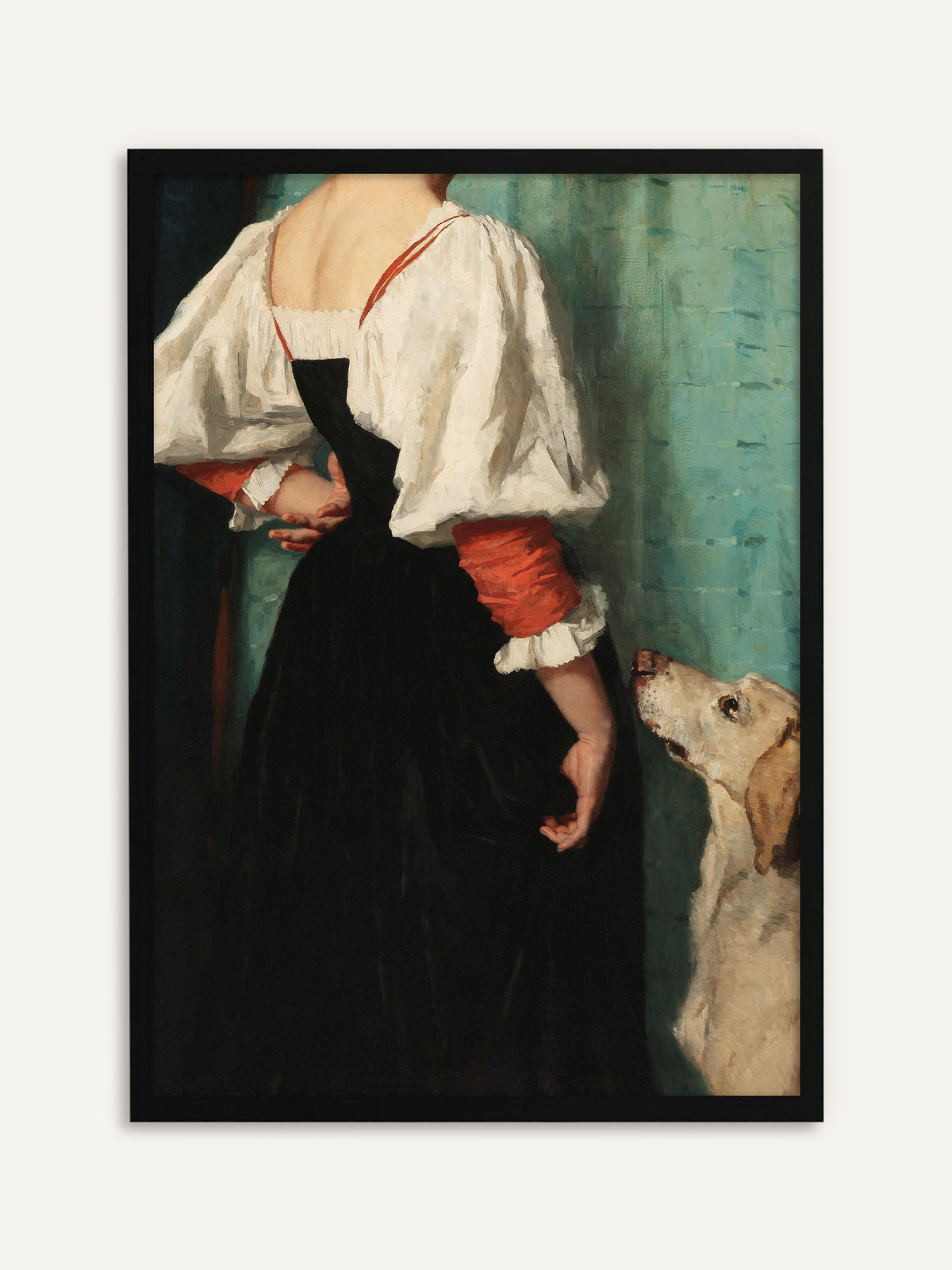 Vintage-Poster mit einer jungen Frau in weißer Bluse mit roten Ärmeln vor türkisgrüner Wand, während ein treuer Hund zu ihr aufblickt. Mit schwarzem Rahmen treten die kräftigen Farben besonders deutlich hervor. #Rahmen_Schwarz