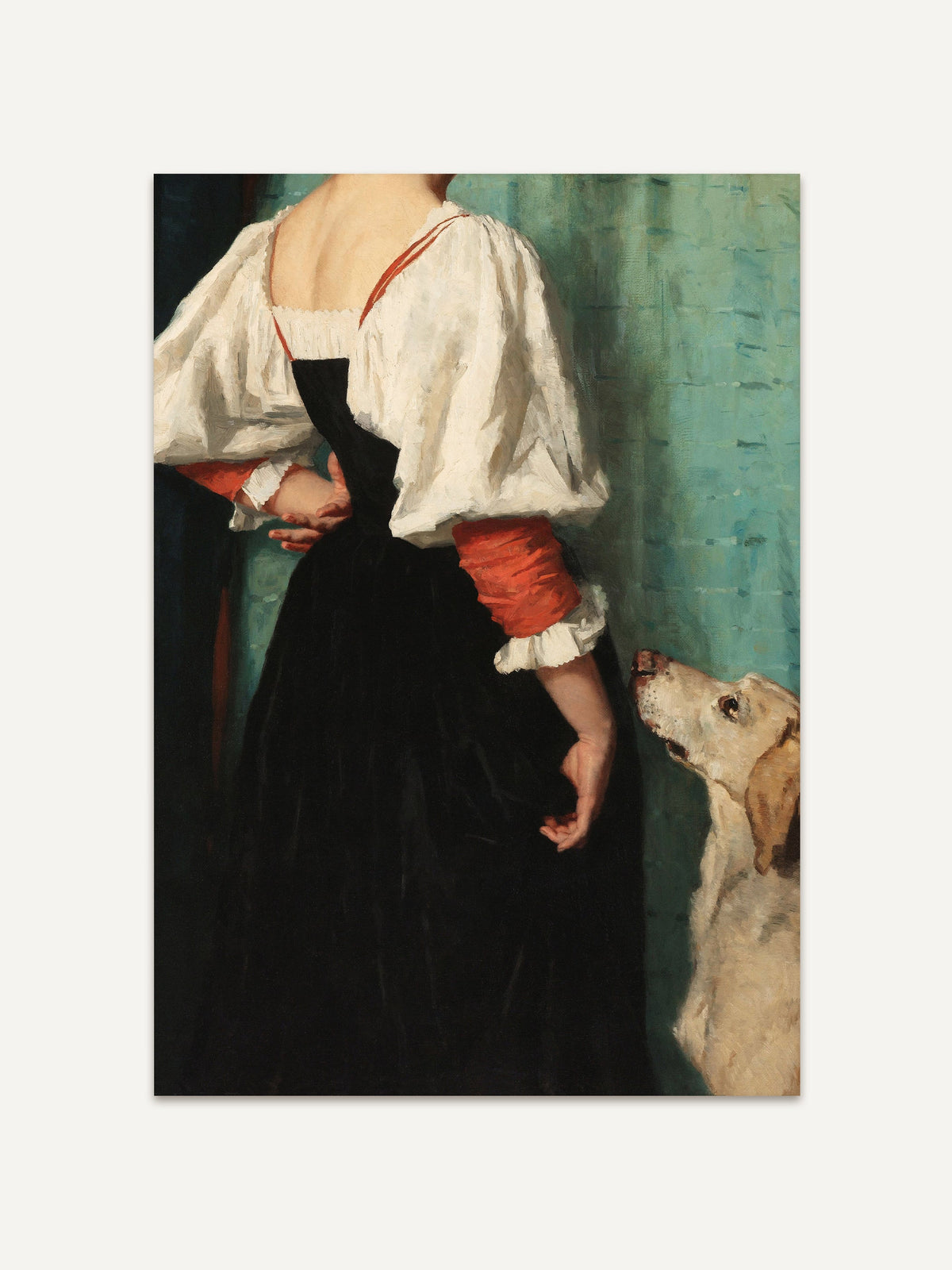 Der Kunstdruck "Treuer Begleiter" zeigt eine junge Frau in traditioneller Kleidung, die mit einem Hund in einem minimalistischen Interieur posiert. #Rahmen_Ohne Rahmen