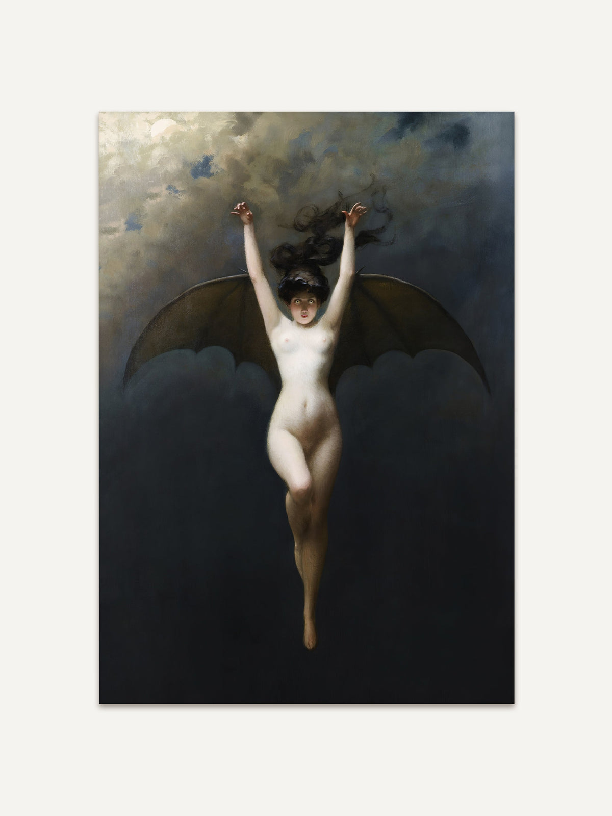Kunstdruck einer schwebenden Frau mit Fledermausflügeln und ausgebreiteten Armen vor einem düsteren Himmel mit Lichtspiel – symbolistische Malerei mit dramatischem Hell-Dunkel-Kontrast, ideal für Dark-Academia-Interieur. #Rahmen_Ohne Rahmen