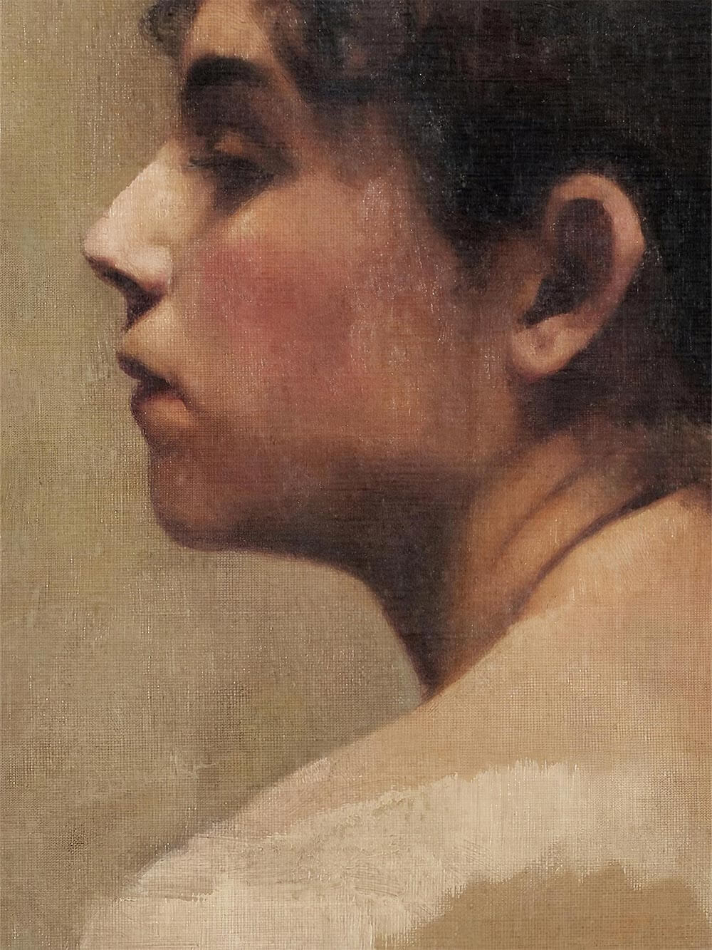 Nahaufnahme des Vintage Portraits einer Frau mit hochgestecktem Haar. Die Malstruktur und feinen Pinselstriche sind deutlich sichtbar und unterstreichen den künstlerischen Charakter.