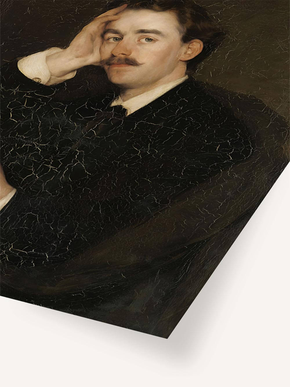 Detailaufnahme eines Vintage-Kunstdrucks mit Männerporträt. Die Oberfläche zeigt feine Alterungsspuren und die Farbtextur des Wandbildes wird deutlich sichtbar.
