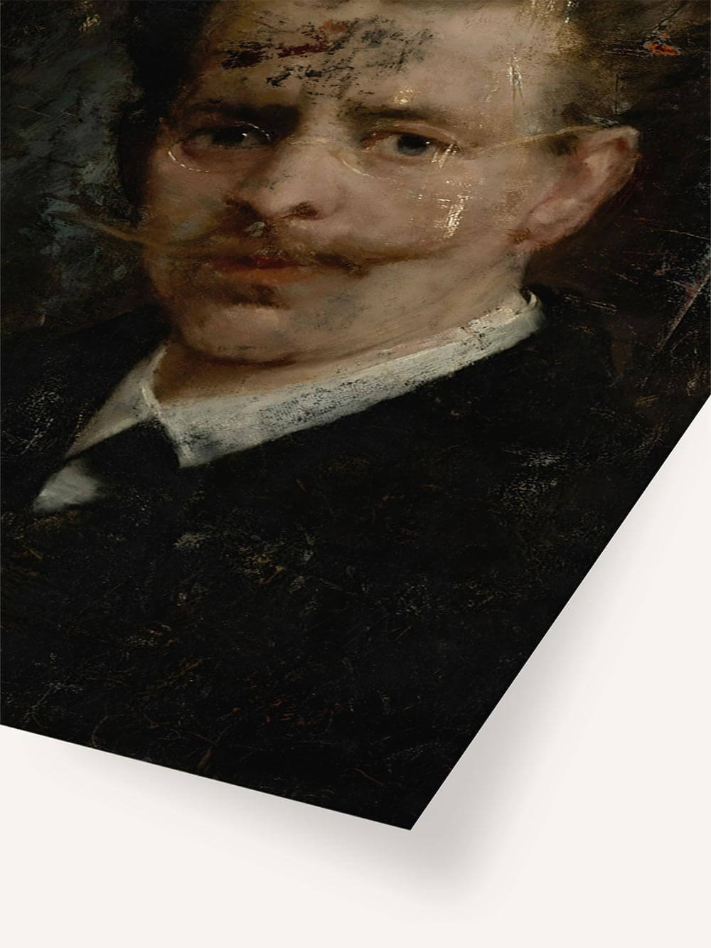 Nahaufnahme des Männerporträts als Vintage Kunstdruck zeigt die feine Struktur der Malerei. Krakeluren und Farbspuren betonen den historischen Charakter des Bildes.