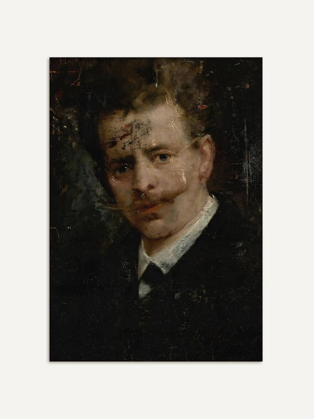 Männerporträt als Vintage Kunstdruck auf hellem Hintergrund. Das dunkle Gemälde zeigt feine Details und strahlt klassische Eleganz aus.