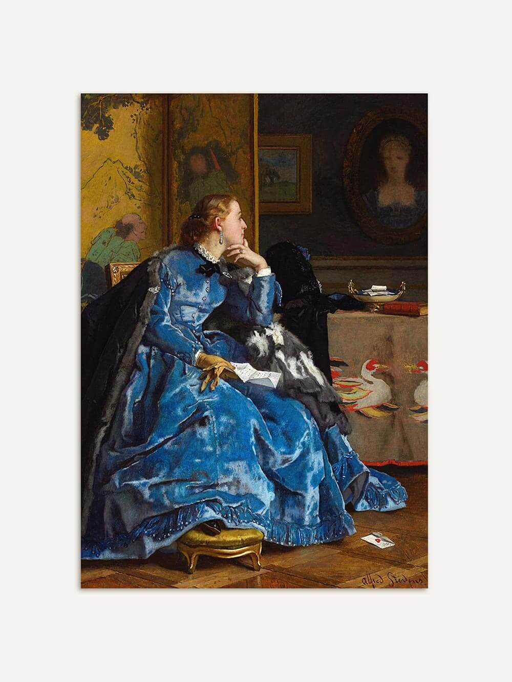 Viktorianisches Frauenporträt in blauem Kleid mit Brief in der Hand, detailreich gemalt mit feiner Stoffstruktur und warmen Farbtönen. Edler Kunstdruck im klassischen Stil für elegante Räume und stilvolle Wanddekoration.