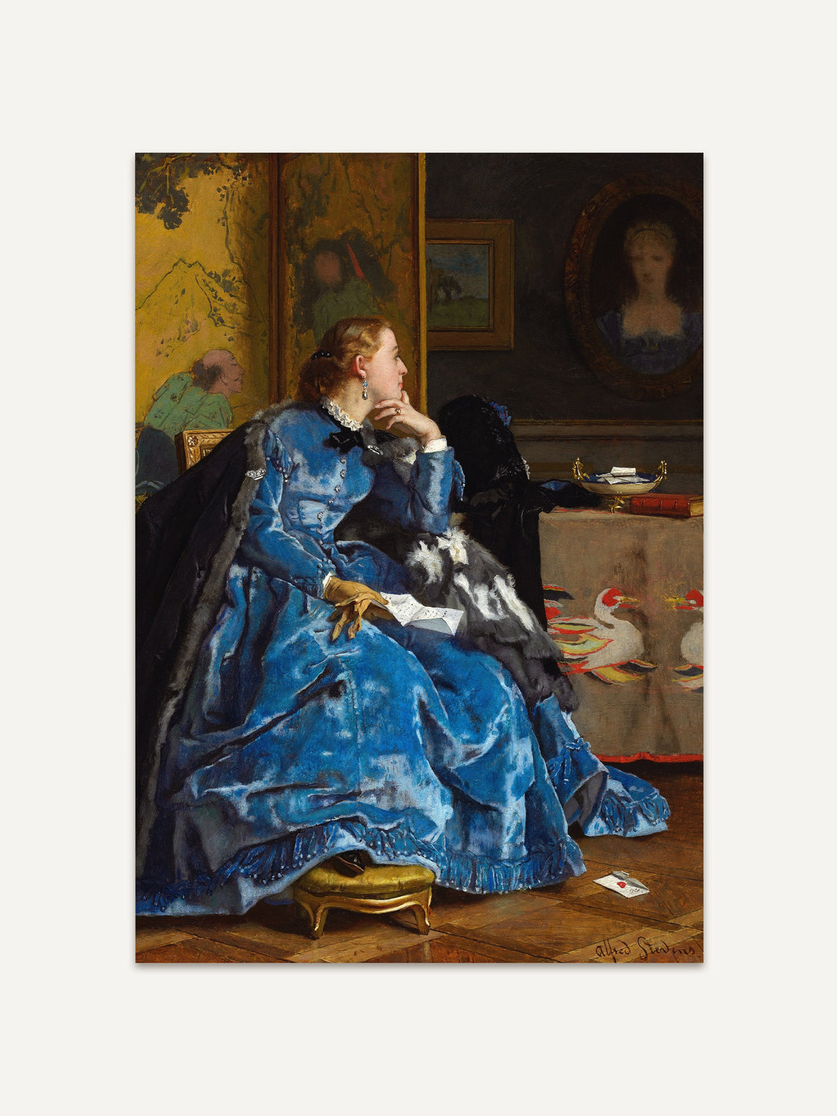 Viktorianisches Frauenporträt in blauem Kleid mit Brief in der Hand, detailreich gemalt mit feiner Stoffstruktur und warmen Farbtönen. Edler Kunstdruck im klassischen Stil für elegante Räume und stilvolle Wanddekoration. #Rahmen_Ohne Rahmen