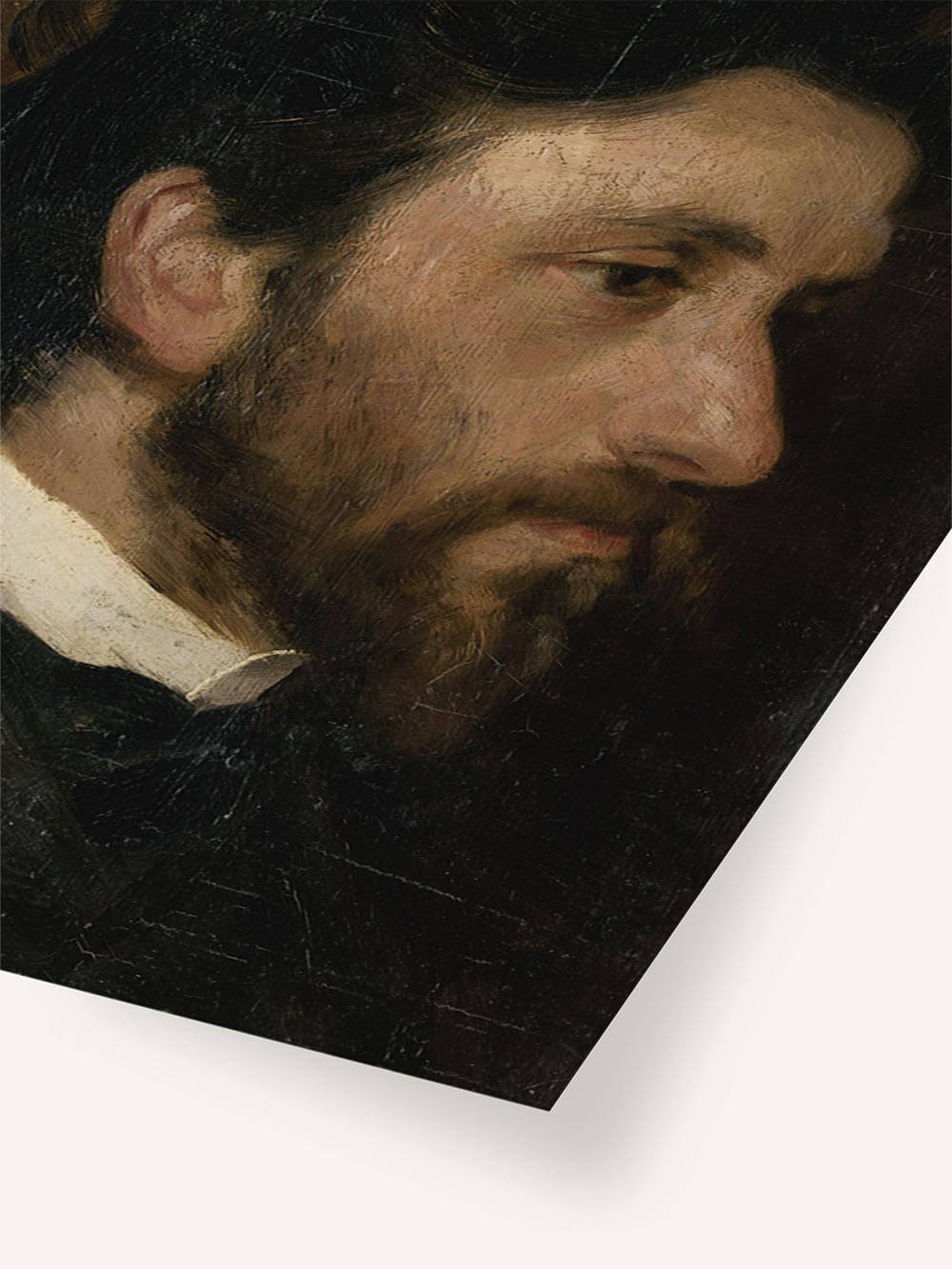 Nahaufnahme des Männerporträts als Kunstdruck, die Pinselstruktur und feine Hauttöne werden sichtbar. Der Ausdruck des Gesichtes wirkt nachdenklich und zeitlos.