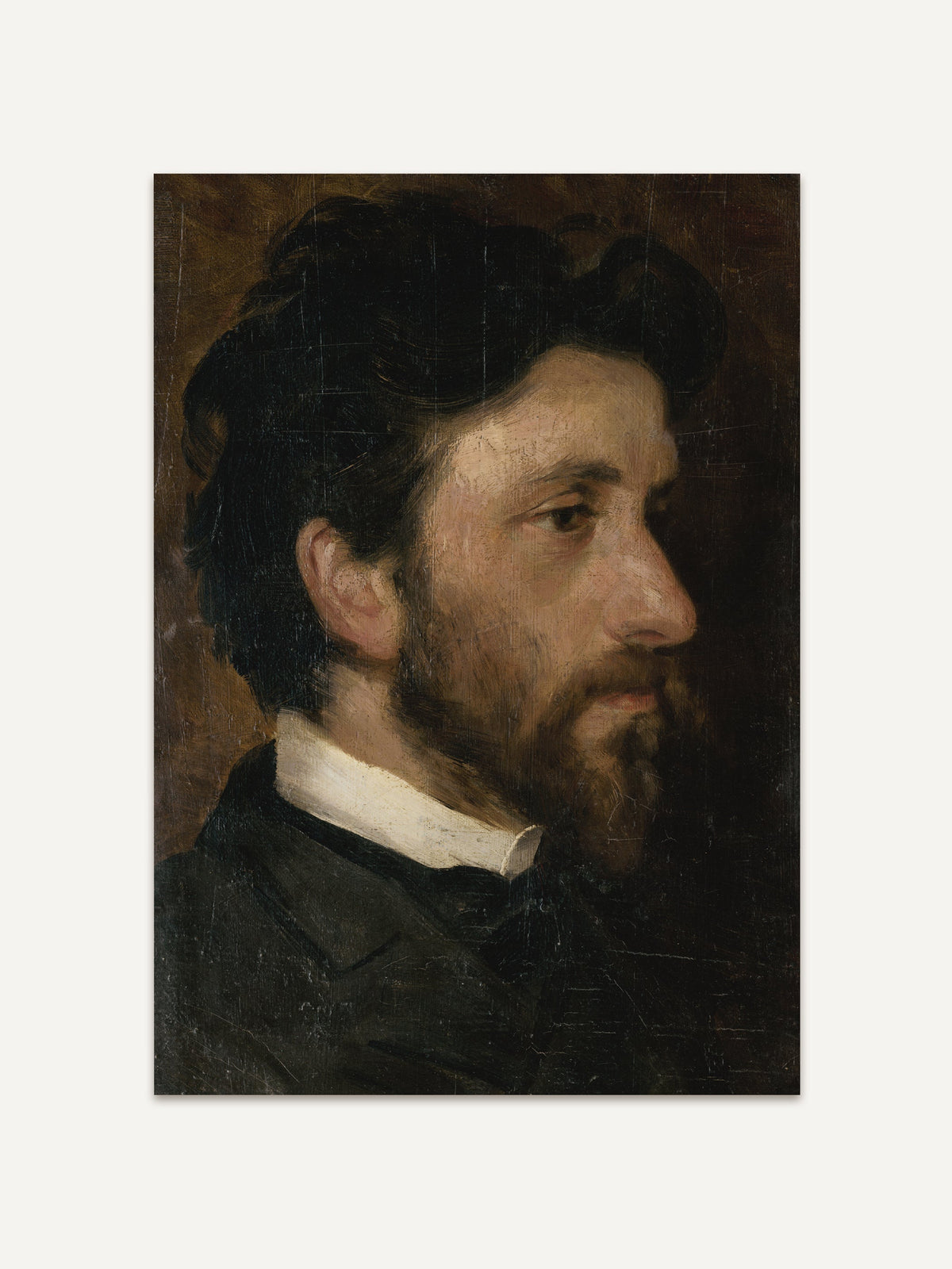 Männerporträt als Kunstdruck auf hellem Hintergrund freigestellt. Die klassische Malerei zeigt ein ausdrucksstarkes Profil mit Bart und dunklem Haar. #Rahmen_Ohne Rahmen