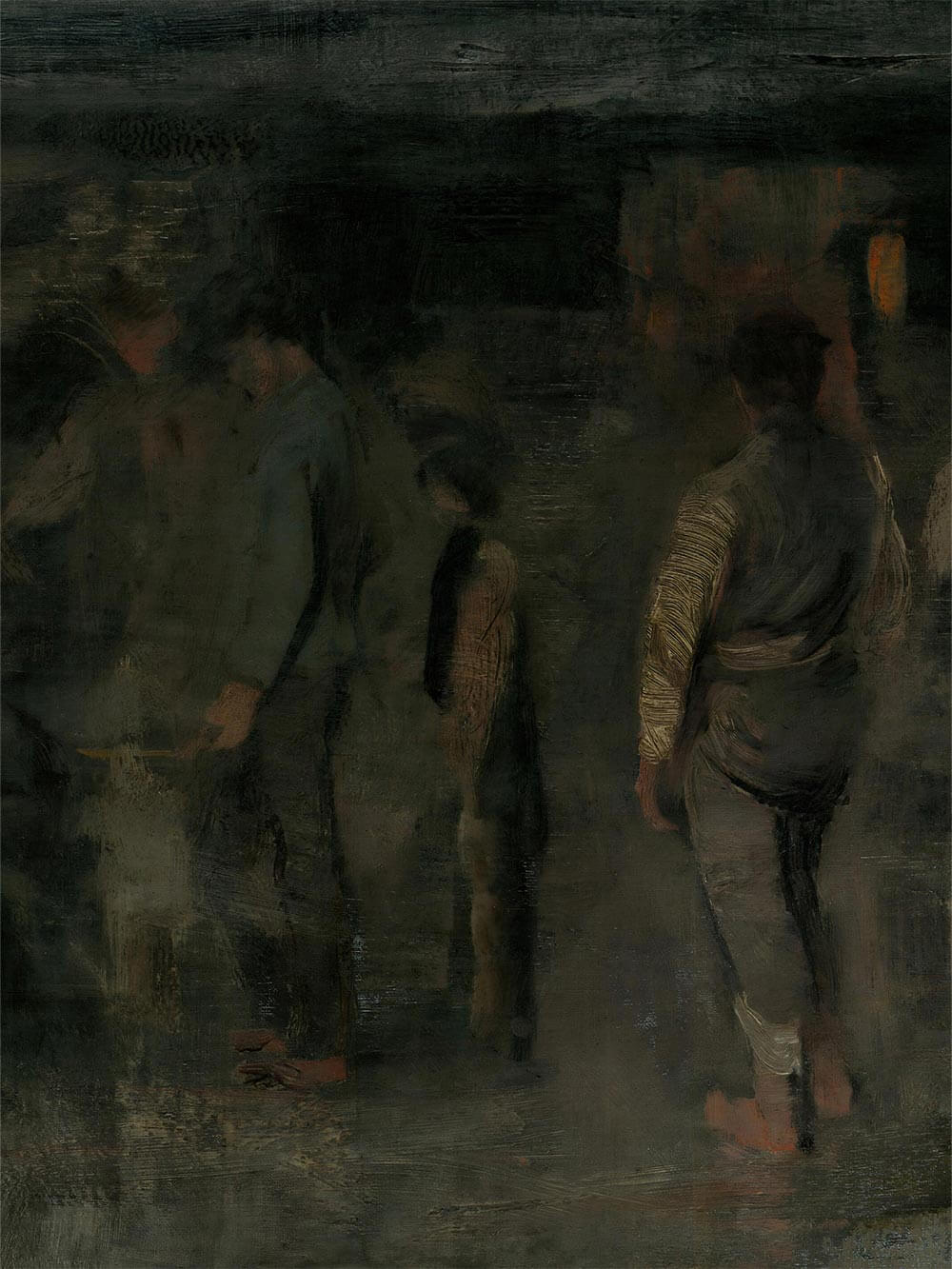 Nahaufnahme des Gemäldes zeigt locker gemalte Figuren in dunklen Erd- und Grüntönen mit sichtbarer Pinselstruktur. Die reduzierte Farbpalette und die abstrakte Darstellung verleihen dem Kunstdruck Tiefe und eine melancholische, zeitlose Stimmung für anspruchsvolle Wandkunst.