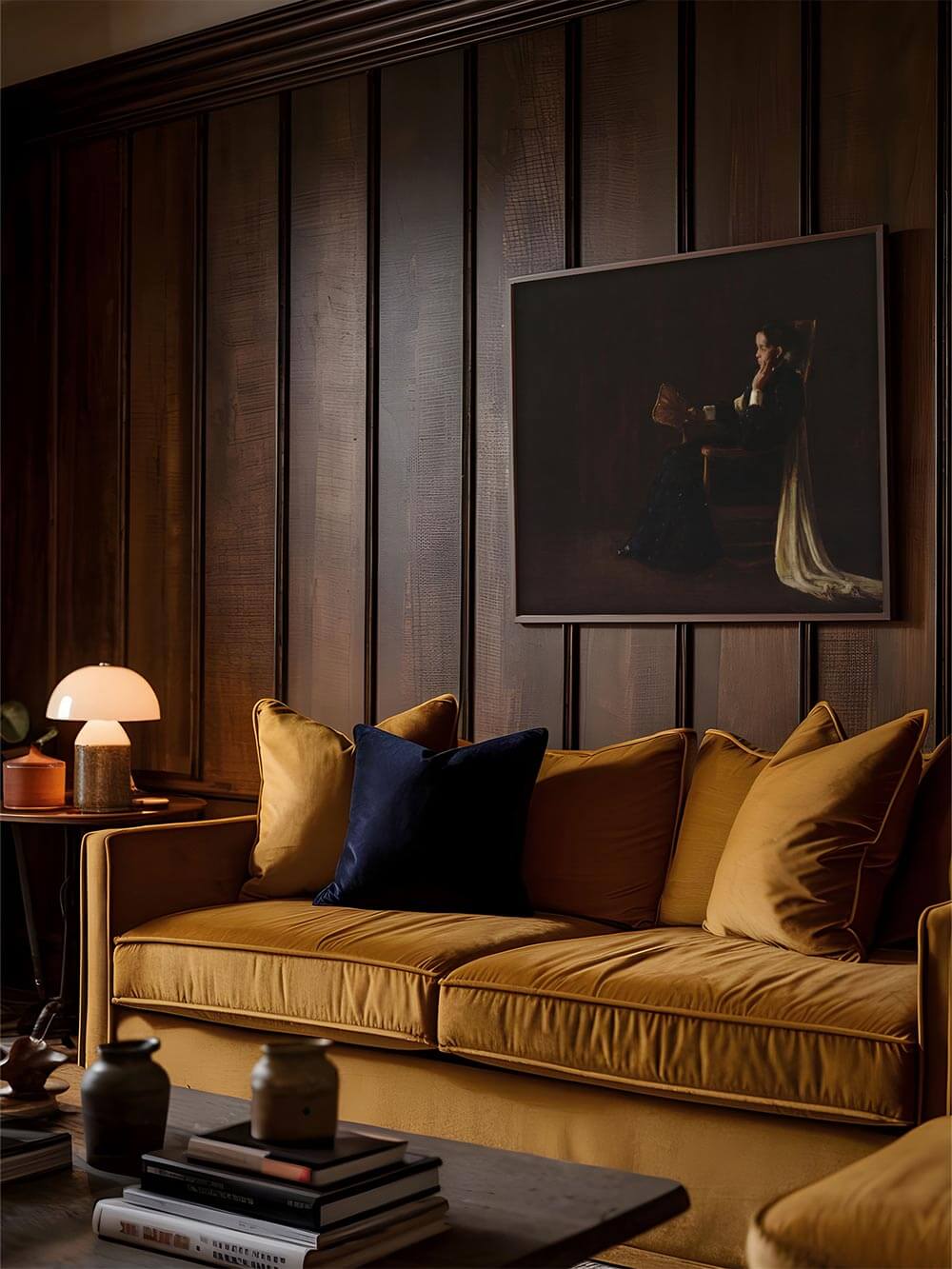 Moody Kunstdruck mit klassischem Figurenmotiv an einer dunklen Holzvertäfelung über einem Sofa in warmen Ockertönen. Das Wandbild fügt sich harmonisch in ein elegantes Wohnzimmer ein und unterstreicht einen Dark-Academia- oder Vintage-Einrichtungsstil.