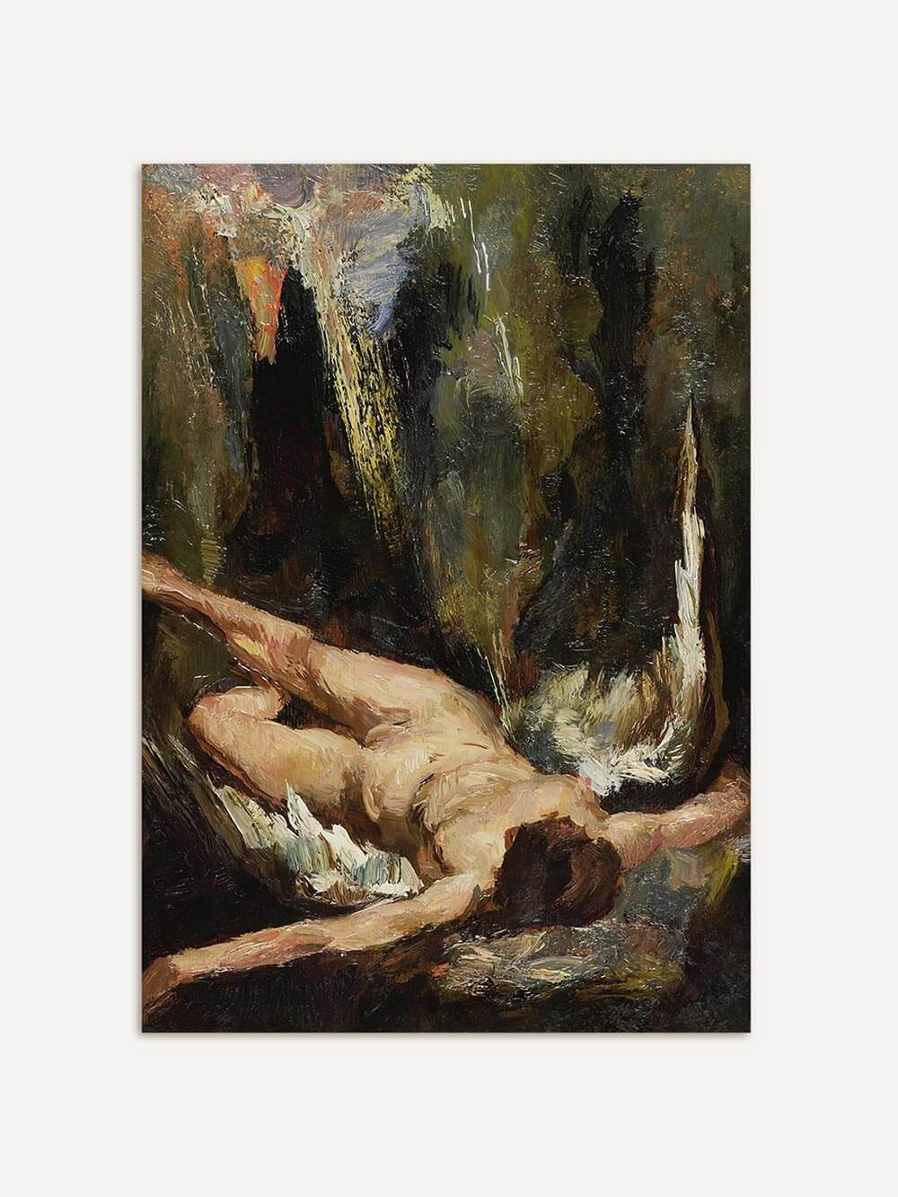 Kunstdruck mit liegender Frauenfigur gemalt in dynamischer Farbführung in Grün, Olive, Braun und Ocker, der als ausdrucksstarkes Wandbild für moderne und klassische Räume geeignet ist.