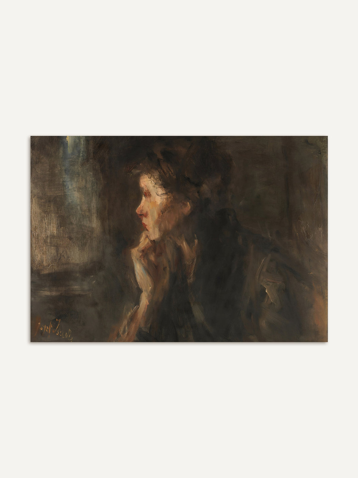 Moody Kunstdruck mit abstrahiertem Frauenporträt in dunklen Braun- und Ockertönen, gemalt in weichen Pinselstrichen mit melancholischer Stimmung. Ausdrucksstarkes Wandbild im Querformat für ruhige, elegante Räume. #Rahmen_Ohne Rahmen