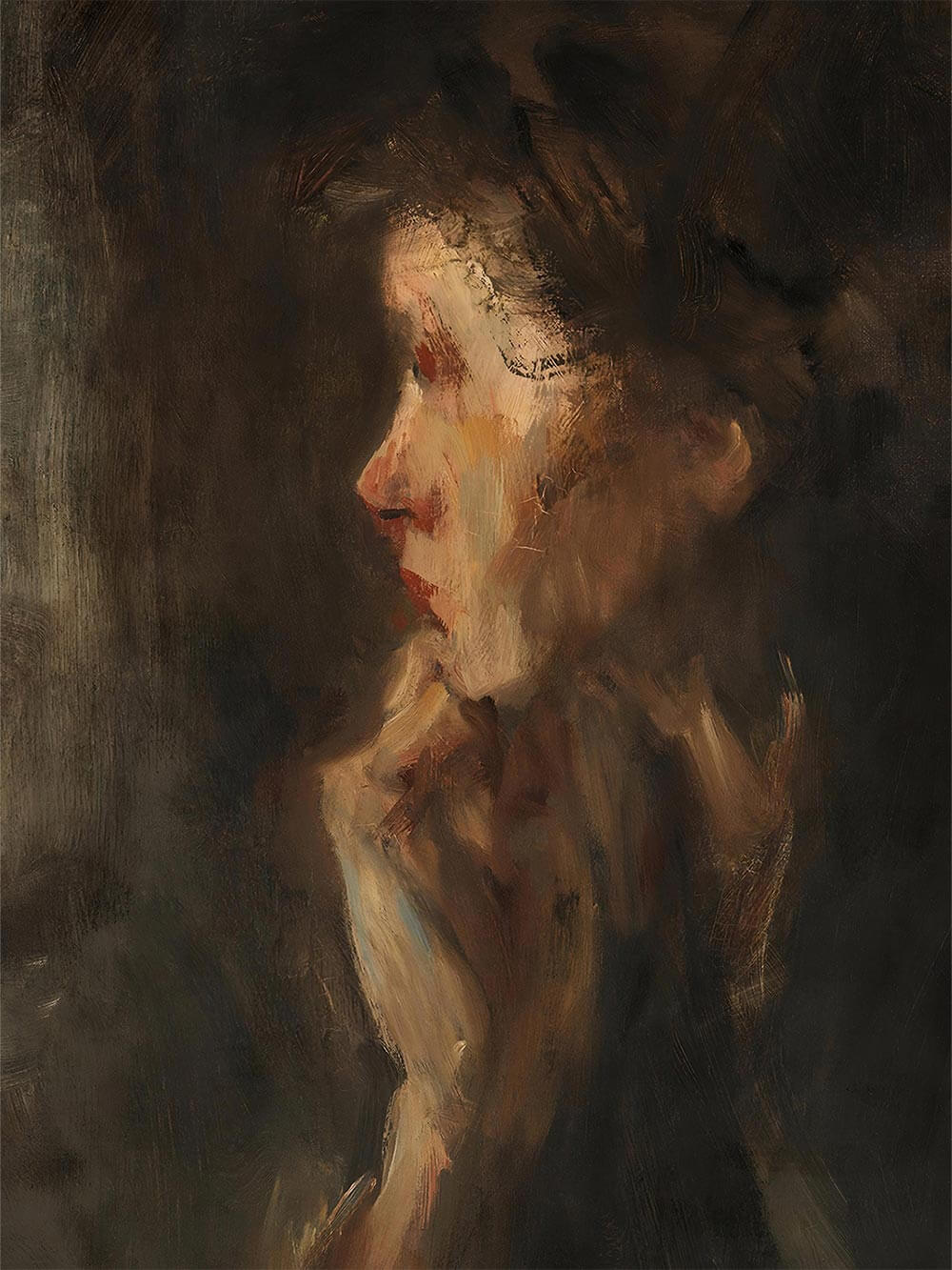 Nahaufnahme des gemalten Frauenprofils mit sichtbarer Pinselstruktur, sanften Farbverläufen und bewusst unscharfen Konturen. Die Detailansicht betont die emotionale Tiefe und den malerischen Charakter des Kunstdrucks.