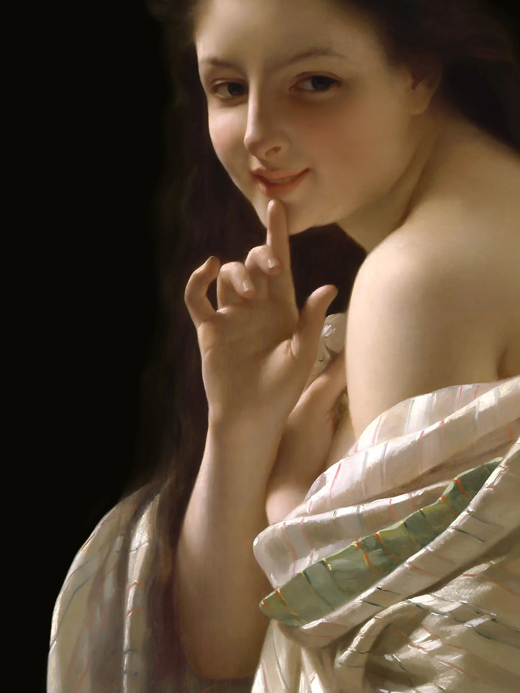 Nahaufnahme des Dark Academia Kunstdrucks zeigt das lächelnde Gesicht, die erhobene Hand und das schimmernde, gestreifte Tuch im Detail. Die warmen Hauttöne unterstreichen den vintage Charakter dieses Wandbilds.