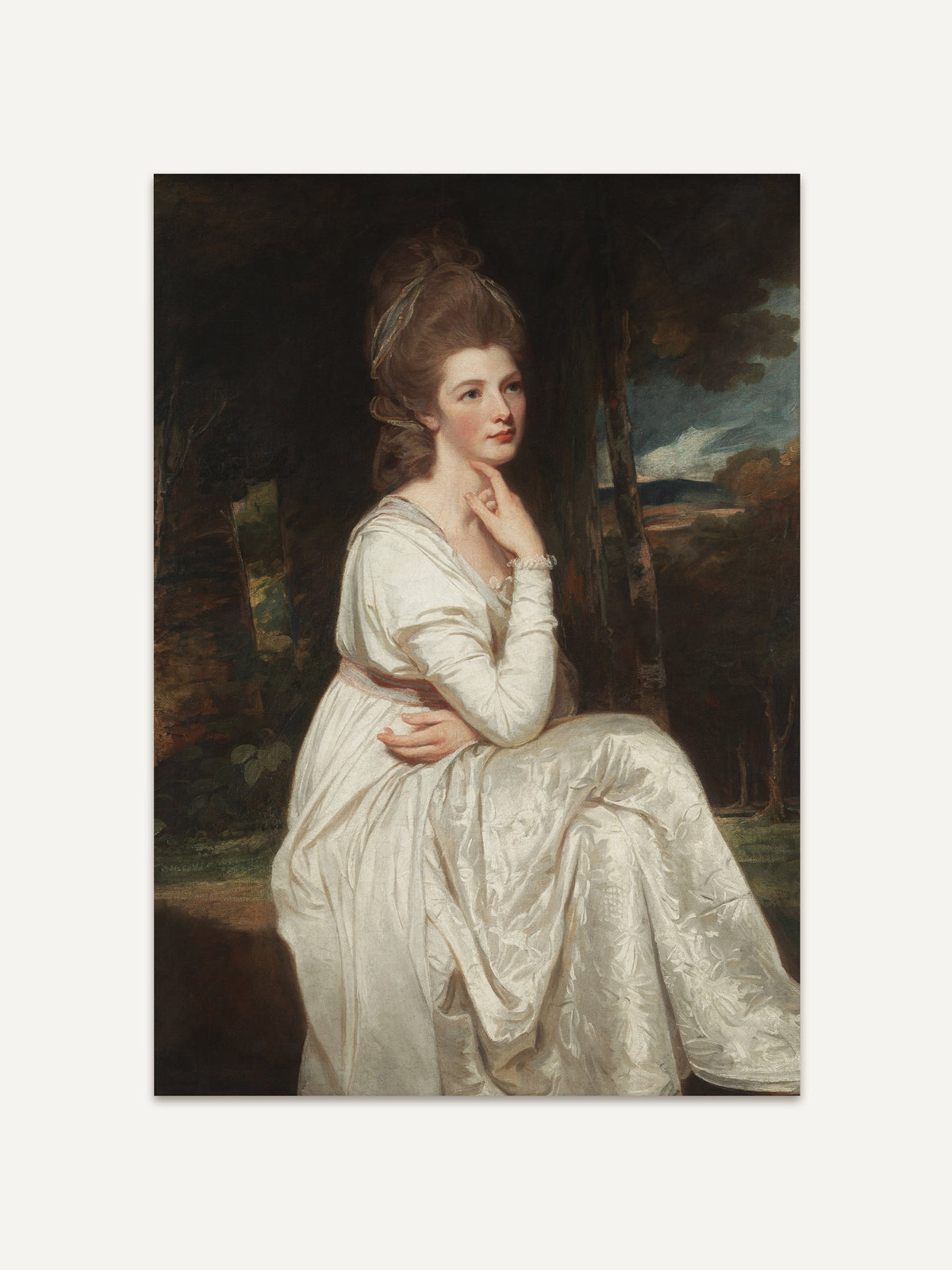 Poster von einem viktorianischen Porträt von Lady Elizabeth Stanley in einem eleganten weißen Kleid. Sie sitzt in einer natürlichen Umgebung, der dunkle Wald im Hintergrund hebt ihre anmutige Pose hervor. #Rahmen_Ohne Rahmen