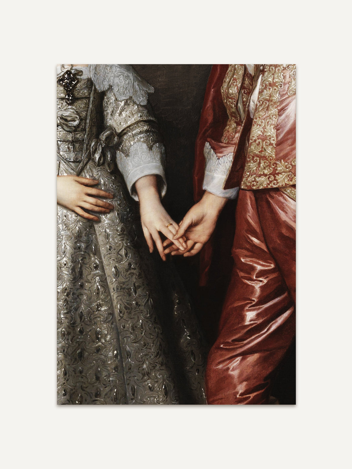 Poster eines barocken Gemäldes, das ein Paar zeigt, welches sich bei den Händen hält, mit aufwendig verzierten Kleidern und Hochzeitsringen. Perfekt als romantischer Kunstdruck für klassische Interieurs. #Rahmen_Ohne Rahmen