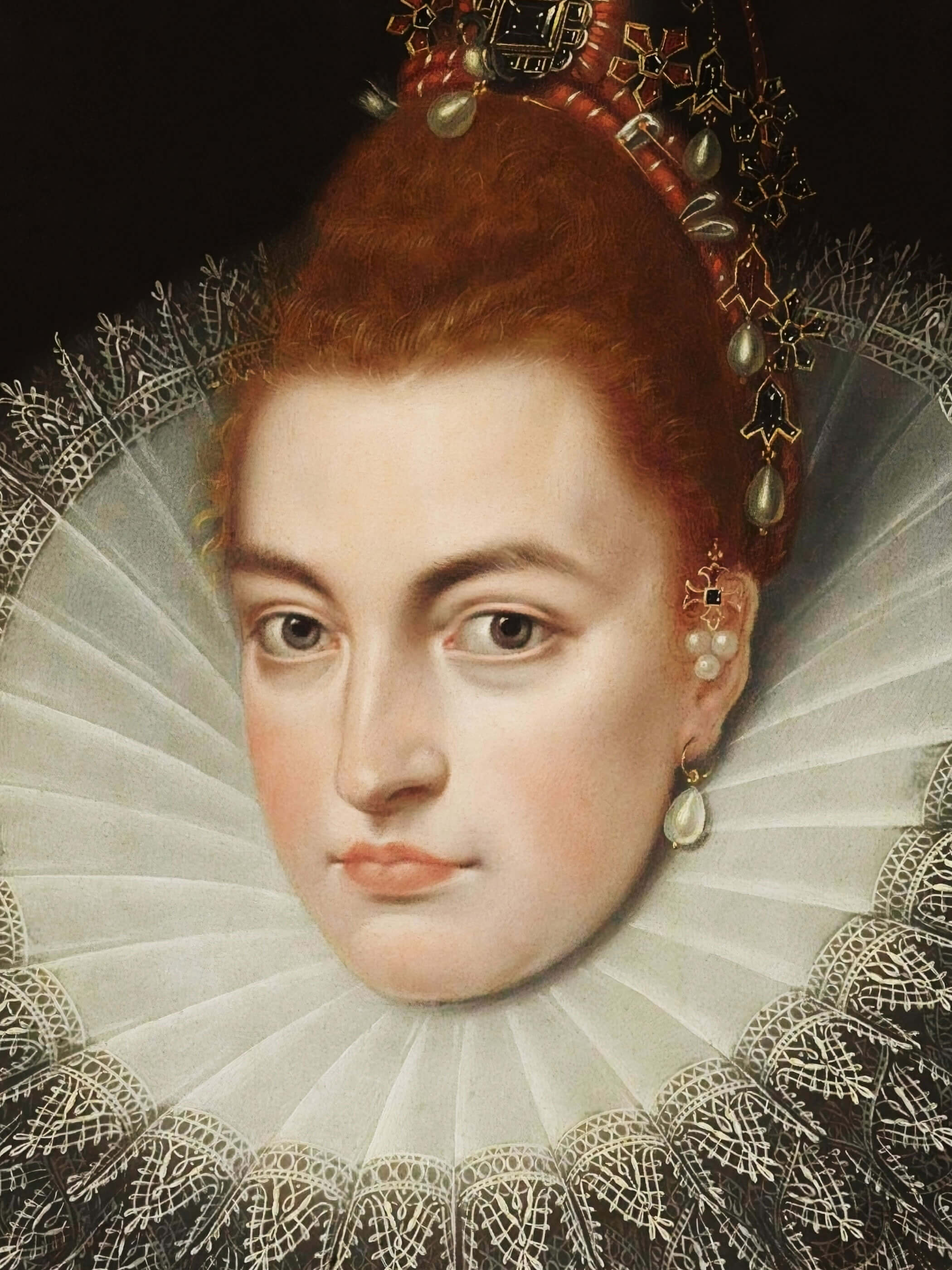 Nahaufnahme eines Barock-Portraits einer Erzherzogin, die einen reich verzierten Kragen und kostbare Perlenohrringe trägt. Die detaillierte Darstellung betont den prunkvollen Schmuck und das edle Gewand.