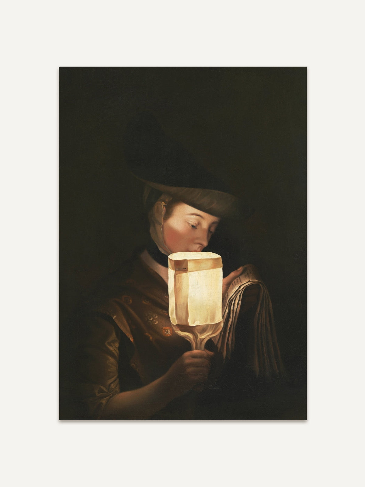 Poster eines stimmungsvollen Porträts einer Frau im Dunklen, die eine leuchtende Laterne in der Hand hält. Im Stil des Barock gemalt, betont das Bild das geheimnisvolle Zusammenspiel von Licht und Schatten. #Rahmen_Ohne Rahmen