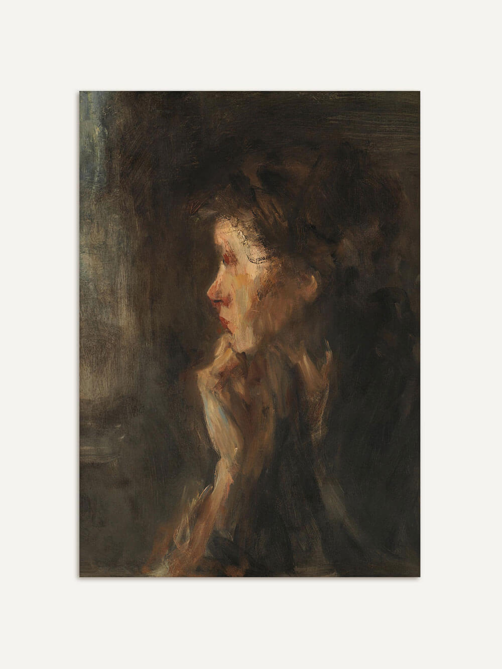 Vintage-Porträt einer Frau im Profil, dargestellt in dunklen, impressionistischen Farben. Der Einsatz von weichen Pinselstrichen und dezenten Farbtönen verleiht dem Bild eine ruhige und nachdenkliche Atmosphäre. Ideal für eine stimmungsvolle Wanddekoration im modernen oder klassischen Stil.