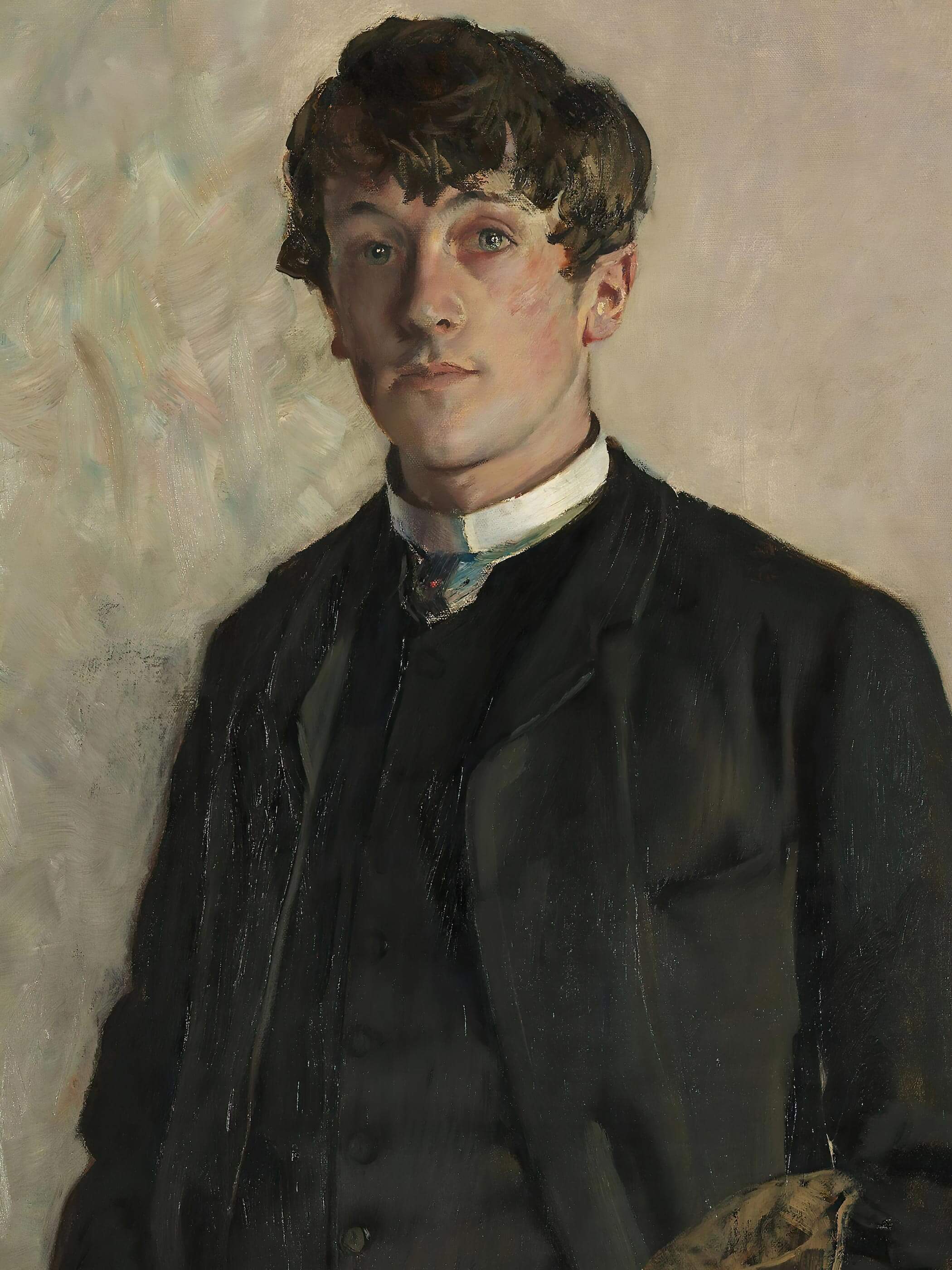 Nahaufnahme eines Vintage-Portraits eines jungen Mannes in einem schwarzen Anzug, der ruhig und nachdenklich in die Ferne blickt. Das Poster zeigt fein gemalte Details und eine klassisch-moderne Farbgebung.