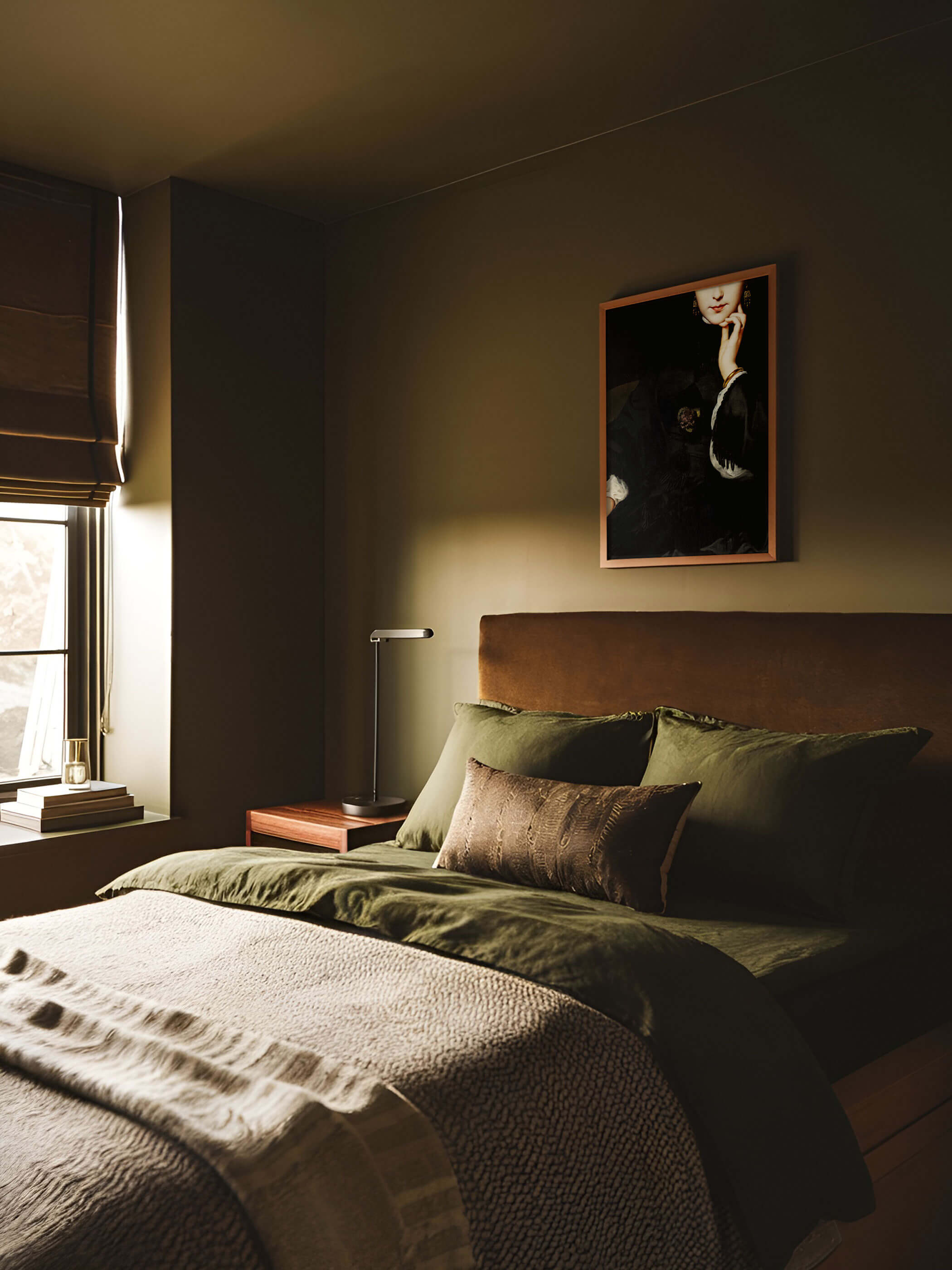 Porträt einer Frau in einem schwarzen viktorianischen Kleid, kunstvoll eingerahmt und an einer olivgrünen Wand über einem Bett mit grüner Bettwäsche aufgehängt, erzeugt eine stimmungsvolle und elegante Schlafzimmereinrichtung.
