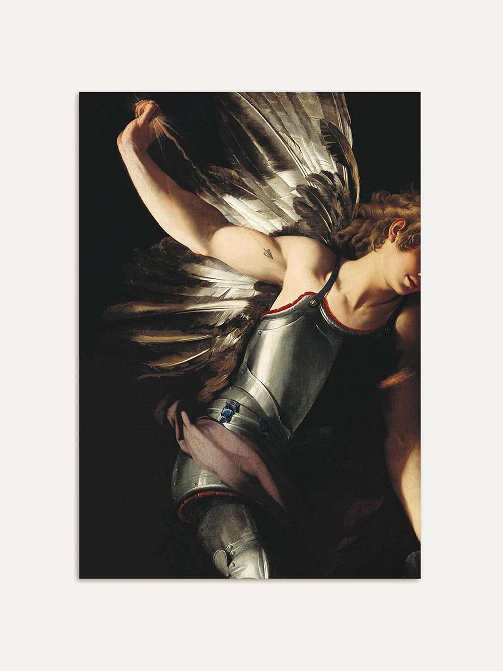 Dramatisches Porträt eines Engels mit silberner Rüstung und ausgebreiteten Flügeln auf dunklem Hintergrund. Der Barockstil und die Lichtführung verleihen dem Kunstdruck Tiefe und emotionale Intensität für Dark-Academia-Interiors.