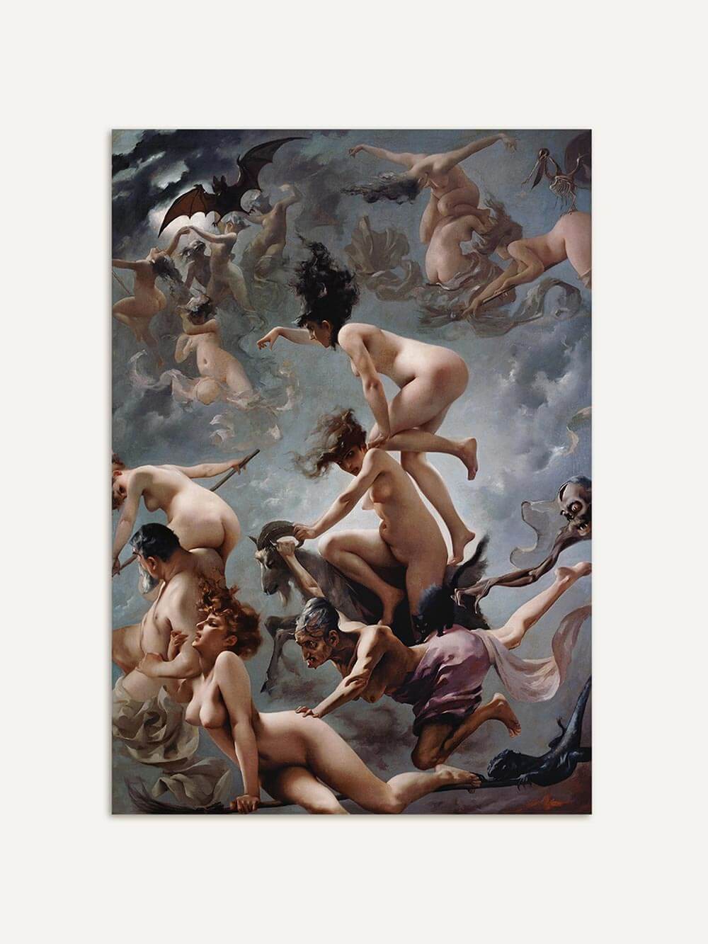 Dunkler Kunstdruck im Hochformat mit barocker Szene aus fliegenden Hexen und nackten Figuren in stürmischen Wolken in Grau- und Brauntönen, inspiriert von historischer Mythologie und romantischer Malerei, als ausdrucksstarkes Wandbild für Dark Academia und Gothic Interior.