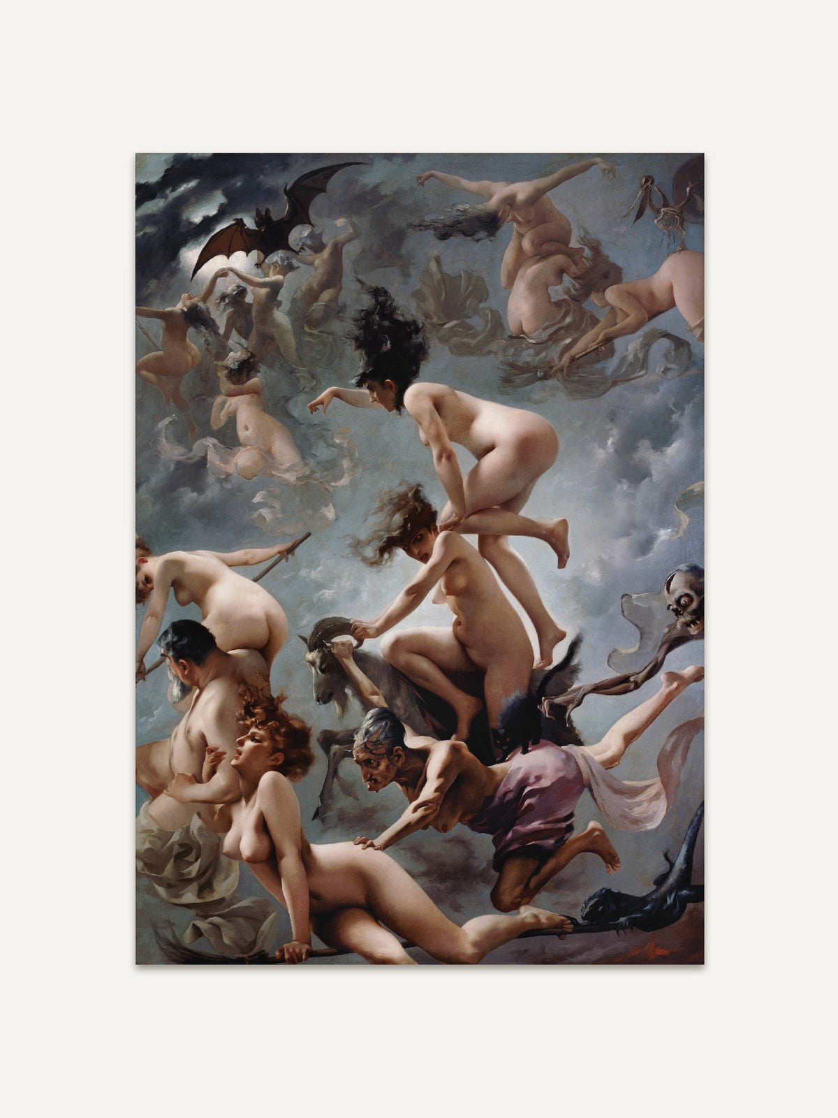 Dunkler Kunstdruck im Hochformat mit einer Szene aus fliegenden Hexen und nackten Figuren in stürmischen Wolken in Grau- und Brauntönen, inspiriert von historischer Mythologie und romantischer Malerei, als ausdrucksstarkes Wandbild für Dark Academia und Gothic Interior. #Rahmen_Ohne Rahmen