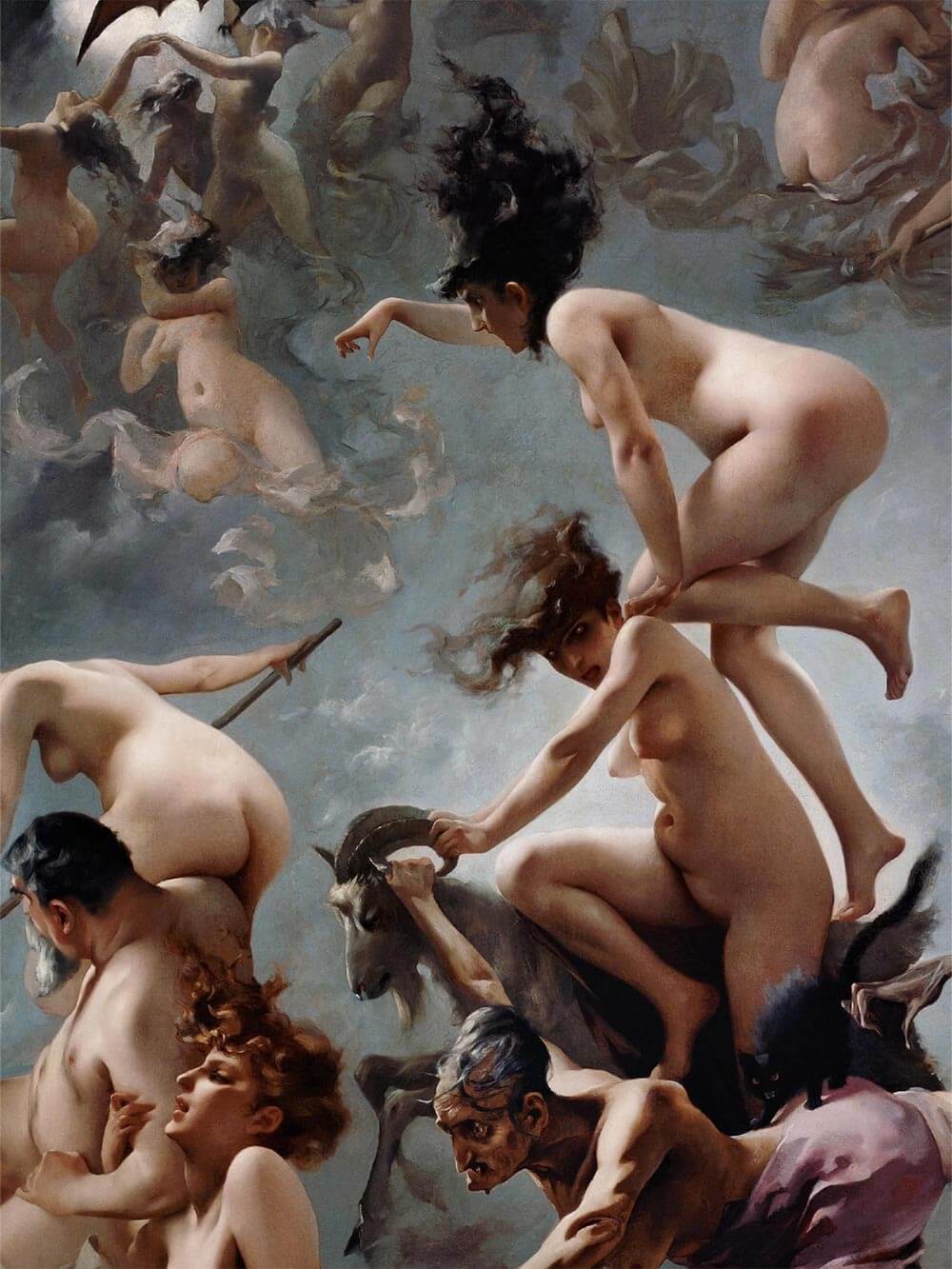Nahaufnahme des gedruckten Motivs mit dynamischen Körperhaltungen, feinen Pinselstrukturen und dramatischem Lichteinfall in einem historischen Hexensabbat-Motiv, das die Bildtiefe, Farbstruktur und künstlerische Qualität des hochwertigen Kunstdrucks betont.