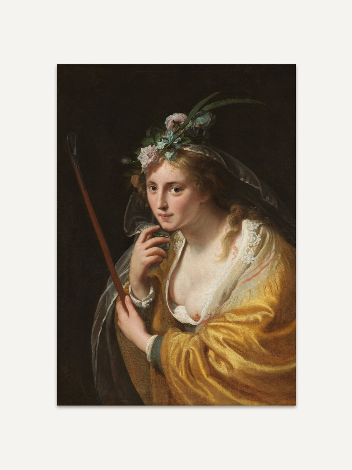 Barockes Porträt einer jungen Frau mit Blumenkranz und goldener Kleidung vor dunklem Hintergrund. Der Kunstdruck zeigt feinste Lichtführung und Details, ideal für klassische Wandgestaltung und elegante Interiors. #Rahmen_Ohne Rahmen