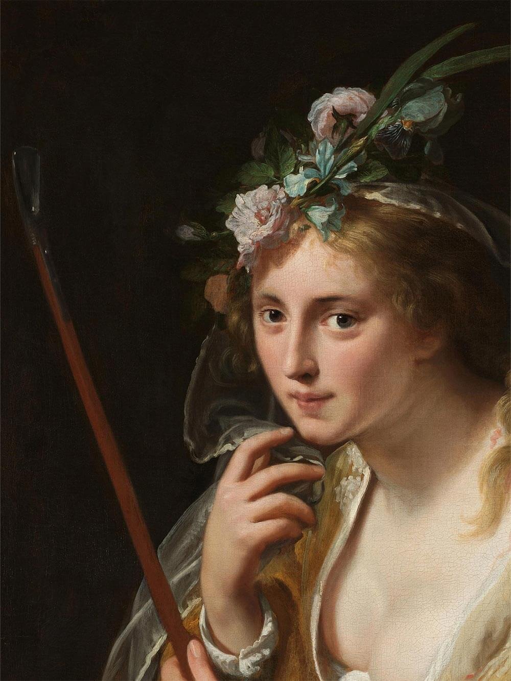 Nahaufnahme des barocken Porträts mit Fokus auf das Gesicht und den floralen Kopfschmuck der Frau. Die feine Pinselstruktur und Lichtführung betonen den Charakter des hochwertigen Kunstdrucks.