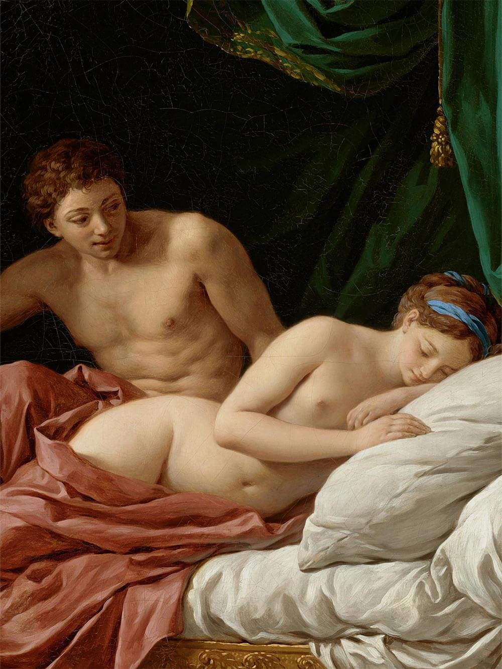 Nahaufnahme des Aktgemäldes mit Fokus auf die Figuren Venus und Mars. Die feinen Pinselstriche und realistische Hautdarstellung werden eindrucksvoll sichtbar.