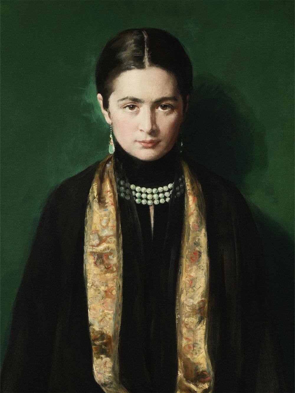 Nahaufnahme des Gesichts einer jungen Frau mit ernstem Blick, dunklem Haar und Perlenkette – meisterlich gemalt mit realistischen Schatten und kontrastreichem grünem Hintergrund.