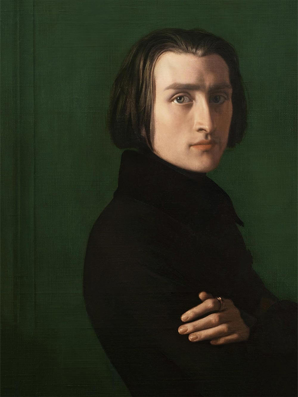 Nahaufnahme des Porträts von Franz Liszt mit präziser Darstellung von Gesichtszügen und Stoffstruktur. Die feine Malweise und der grüne Hintergrund wirken besonders ruhig und tief.