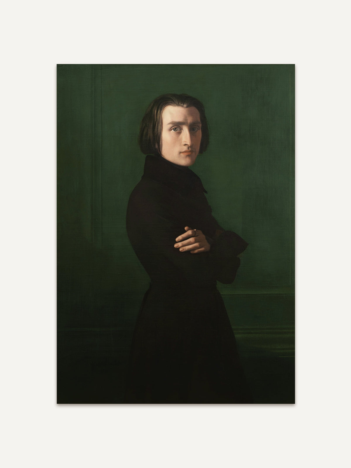 Porträt-Kunstdruck mit Franz Liszt vor tiefgrünem Hintergrund. Die klassische Komposition und dunkle Farbgebung verleihen dem Vintage Wandbild eine ruhige, kontemplative Ausstrahlung. #Rahmen_Ohne Rahmen