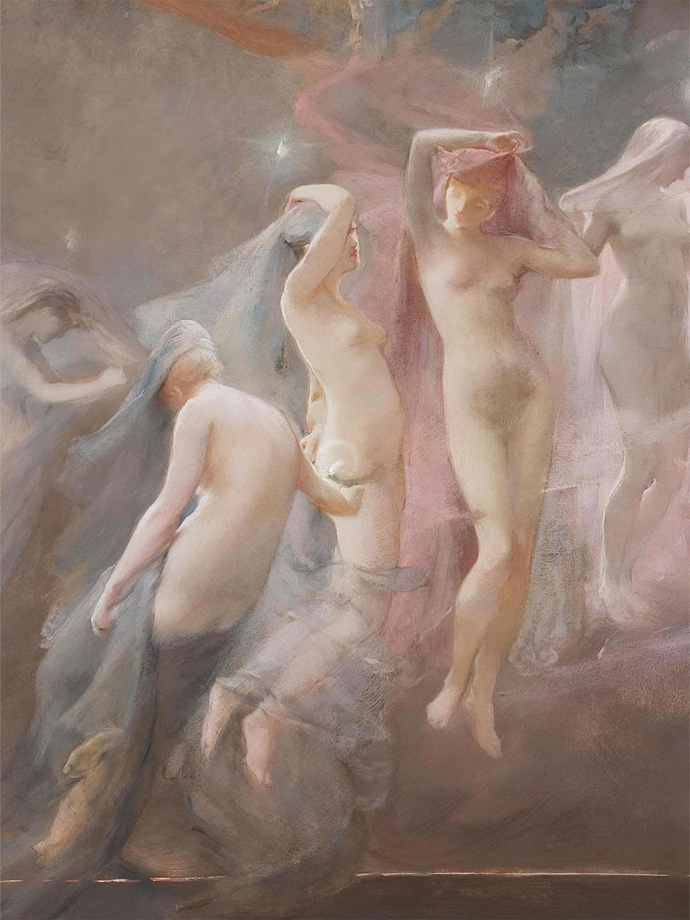 Detailansicht des Kunstwerks „Die Morgensterne (1886)“, die die anmutige Bewegung und filigrane Maltechnik zeigt. Die schwebenden Figuren in Pastelltönen strahlen eine fast übernatürliche Leichtigkeit aus.