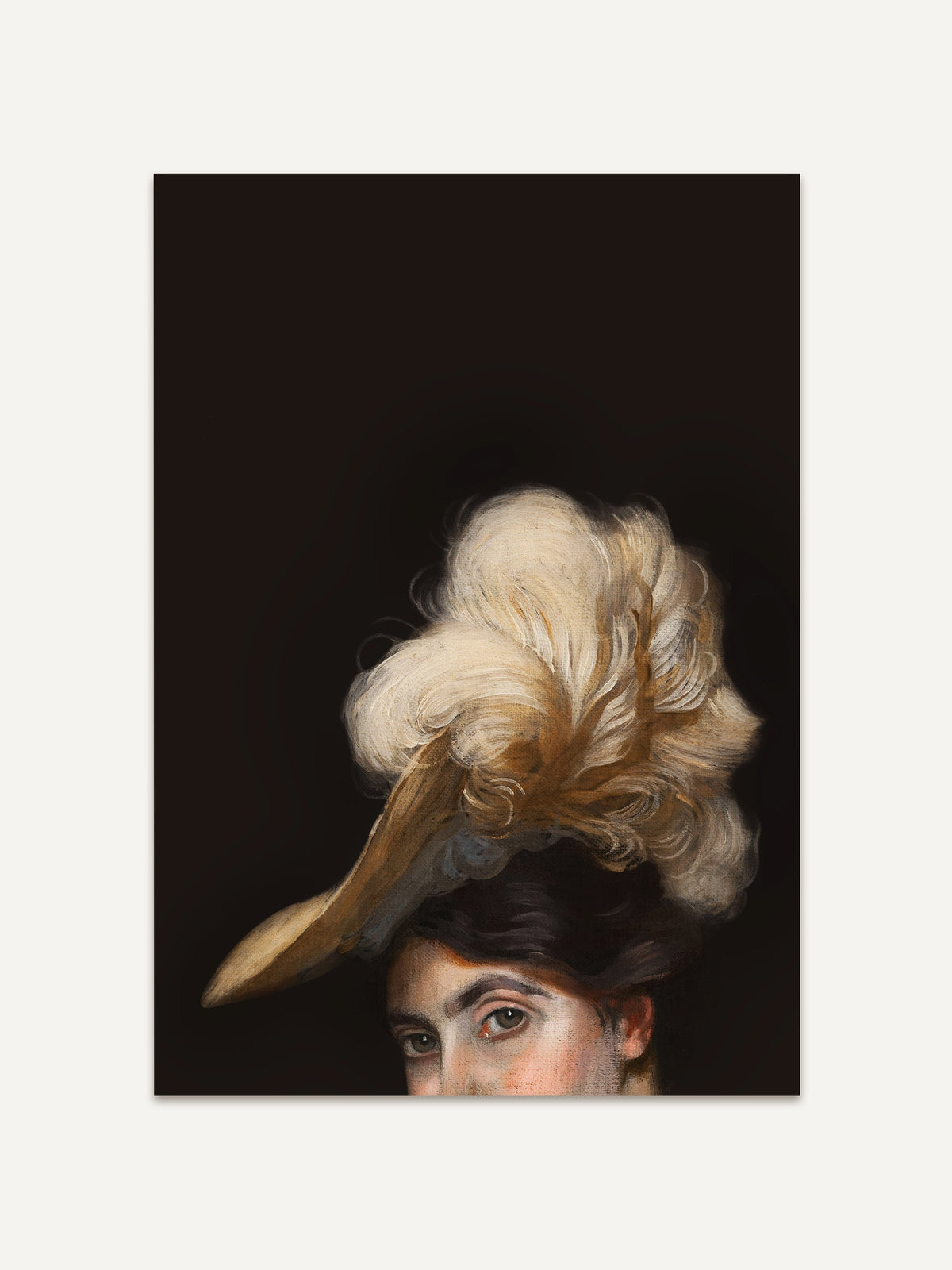 Kunstposter im viktorianischen Stil mit halb verdecktem Frauenporträt und voluminösem beigefarbenem Hut vor schwarzem Hintergrund. Ausdrucksstarke Wandkunst im klassischen Ölmalerei-Stil. #Rahmen_Ohne Rahmen