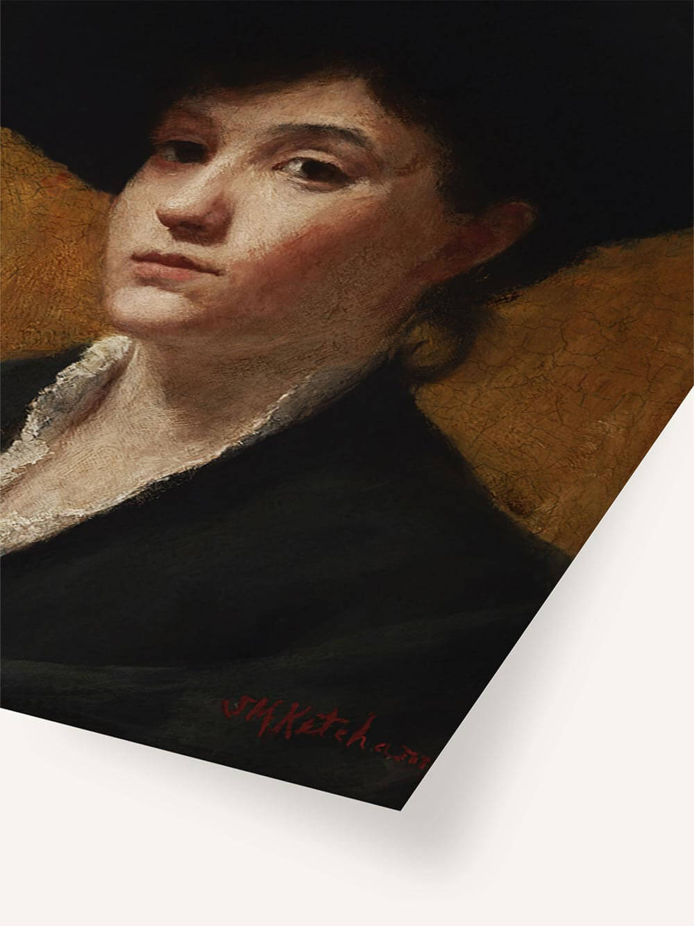 Ausschnitt eines Vintage-Kunstdrucks mit fein gemaltem Porträt einer Frau in dunkler Kleidung. Ihre Miene wirkt nachdenklich, die Textur des Gemäldes ist deutlich sichtbar.
