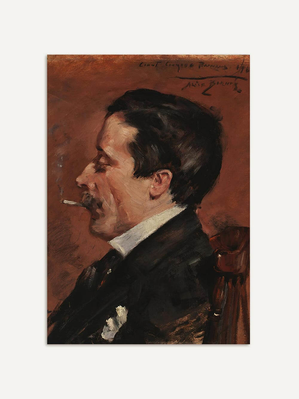 Kunstdruck eines Mannes im Profil vor rostrotem Hintergrund, inspiriert von klassischer Porträtkunst. Ideal als Wandbild für Dark-Academia- oder Vintage-interiors mit zeitlosem Stil.