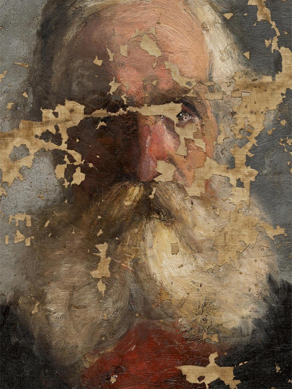 Nahaufnahme des gealterten Männerporträts mit Fokus auf Bart, Struktur und abgeplatzter Farbe. Die sichtbare Leinwand und feine Pinselarbeit betonen den authentischen, antiken Charakter des Drucks.